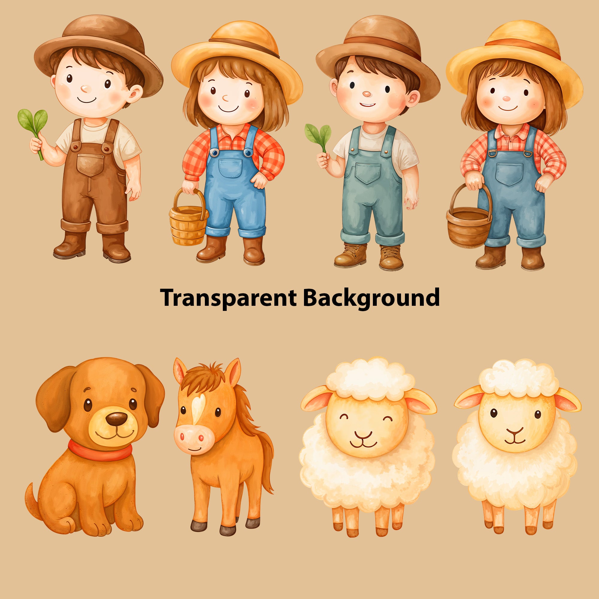 Watercolor Farm Animals Clipart: Boho Nursery Themed Decor set of 33 PNG (Digital Product)
