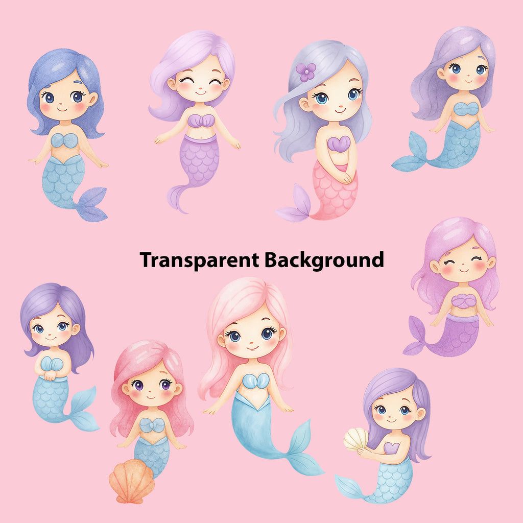 Little Mermaid Watercolor Clipart Bundle – 32 High Resolution PNG Digital Download