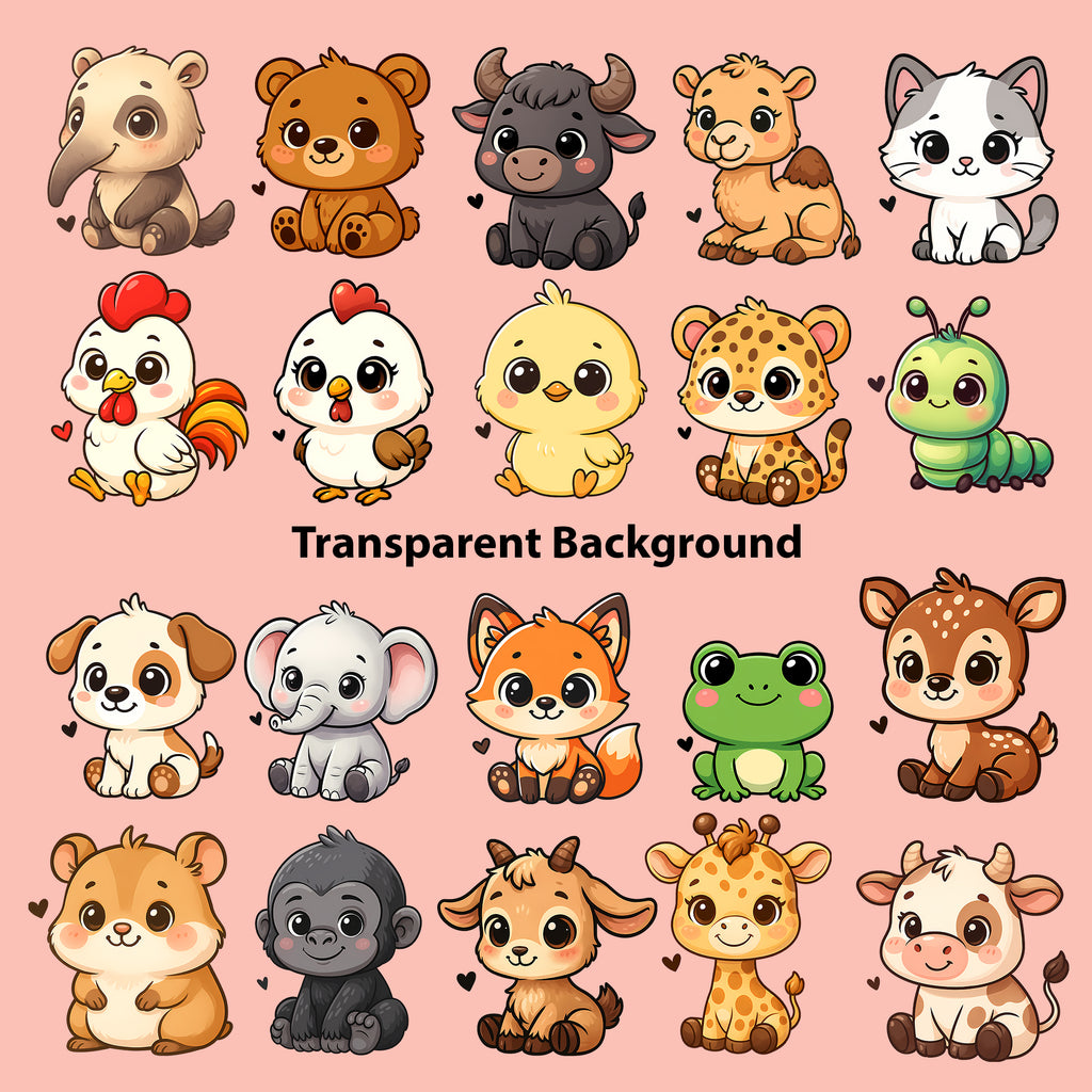 Cute Animals Clipart PNG Bundle | 50 Digital Download Files