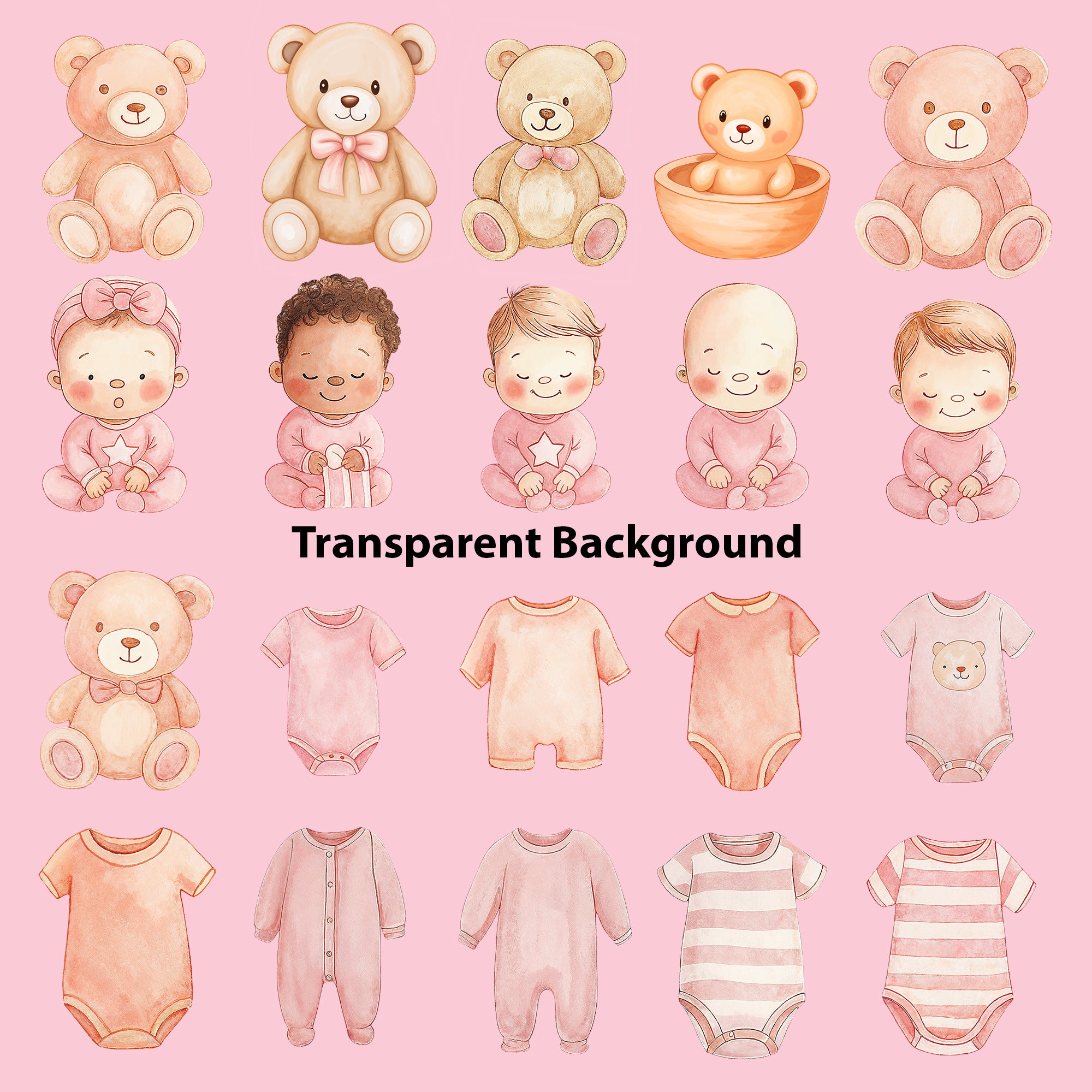 Baby Girl Nursery Clipart PNG Bundle | 51 Watercolor Digital Files