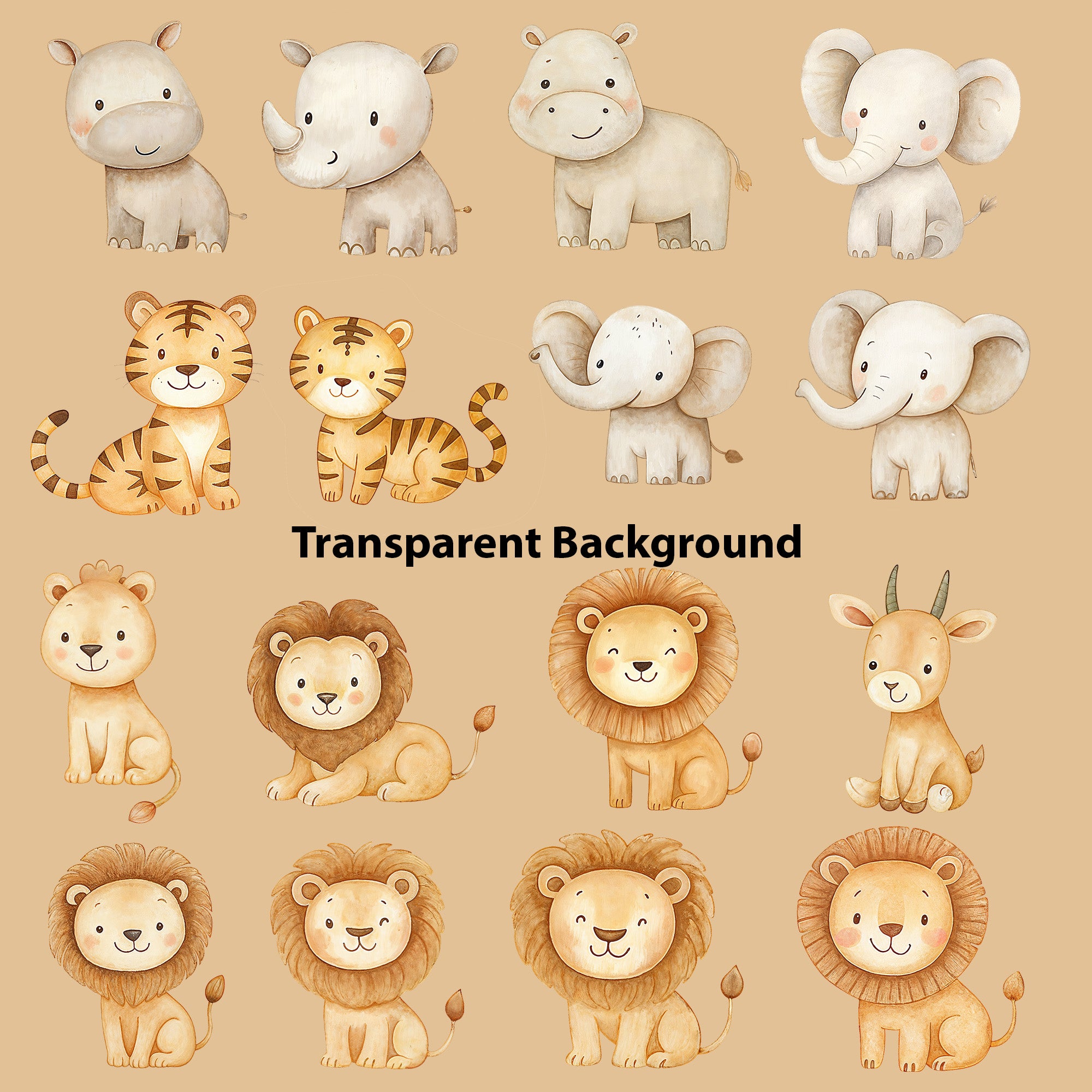 Cute Safari Animals Clipart PNG Bundle, Cute Watercolor Jungle Animals Digital Download, 70 High Resolution Files