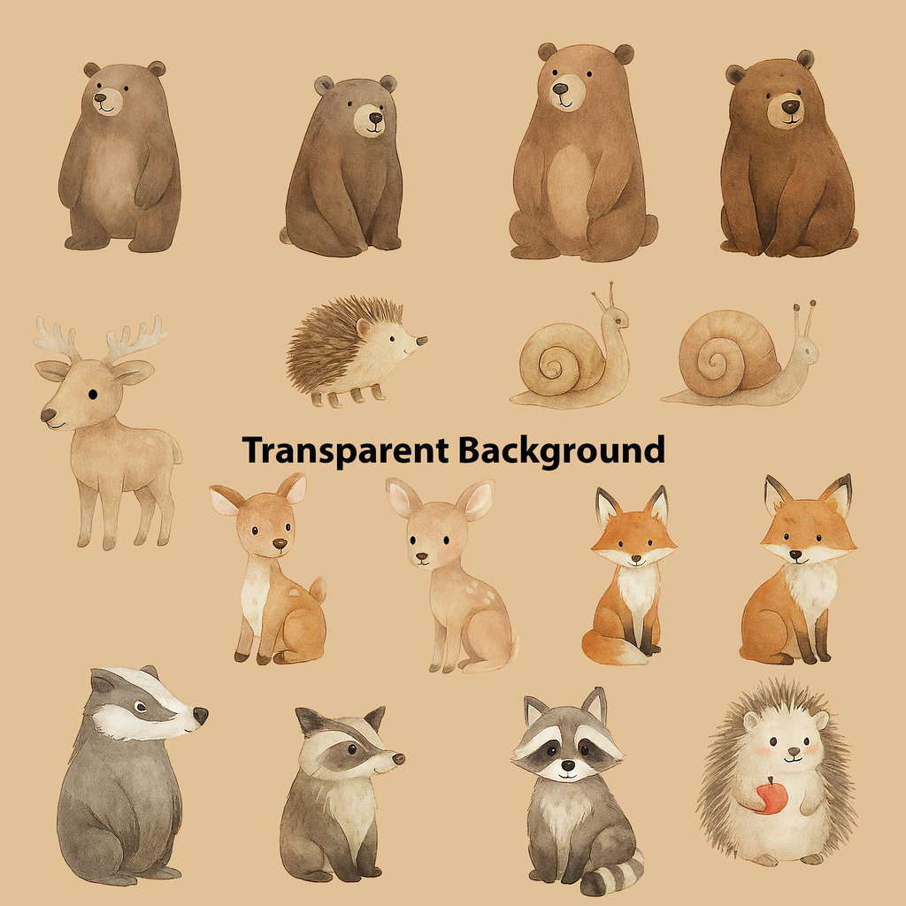 Watercolor Woodland Animals Clipart: Boho Nursery Themed Decor set of 70 PNG (Digital Product)