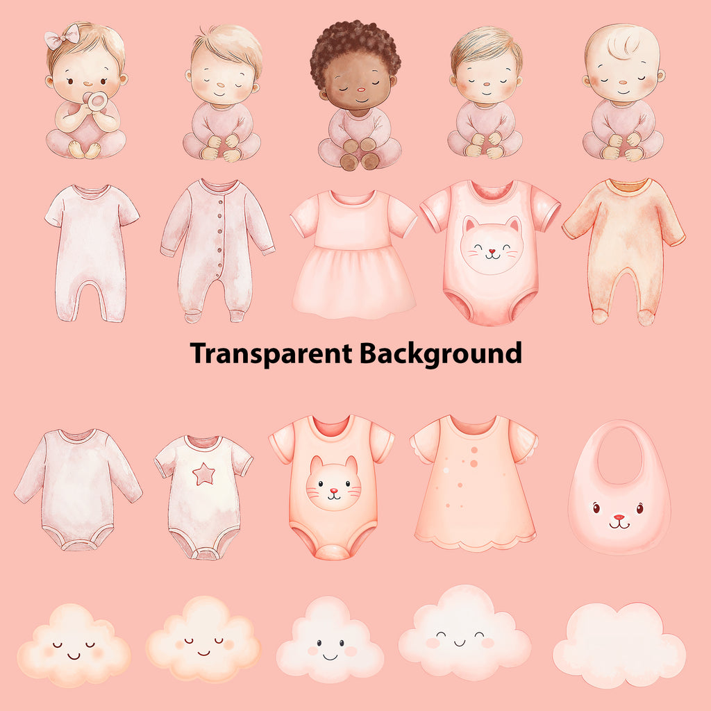 Baby Girl Nursery Clipart PNG Bundle | 51 Watercolor Digital Files