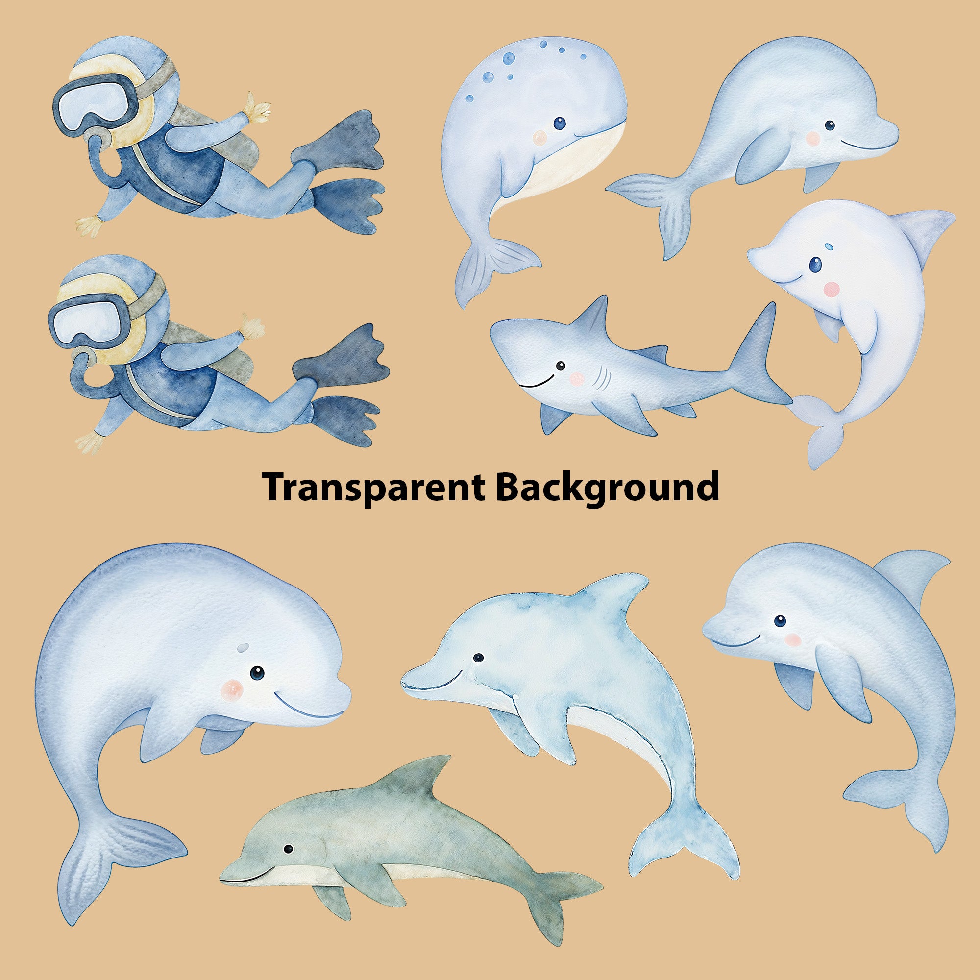 Watercolor Ocean Animals Clipart: Boho Nursery Ocean Themed Decor set of 55 PNG (Digital Product)