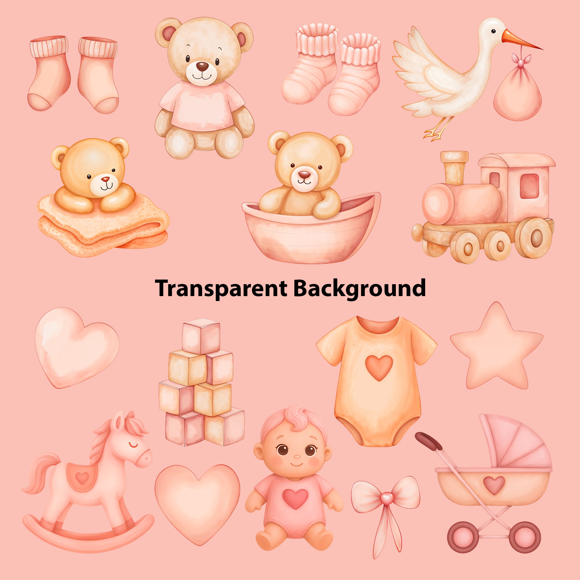 Baby Girl Nursery Clipart PNG Bundle | 33 Watercolor Digital Files
