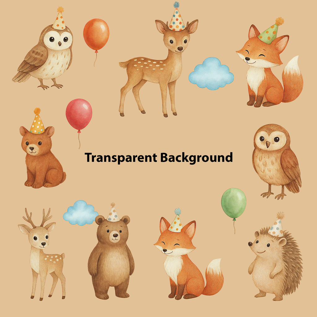 Watercolor Woodland Party Animals Clipart: Boho Nursery Birthday Themed Decor set of 45 PNG (Digital Product)