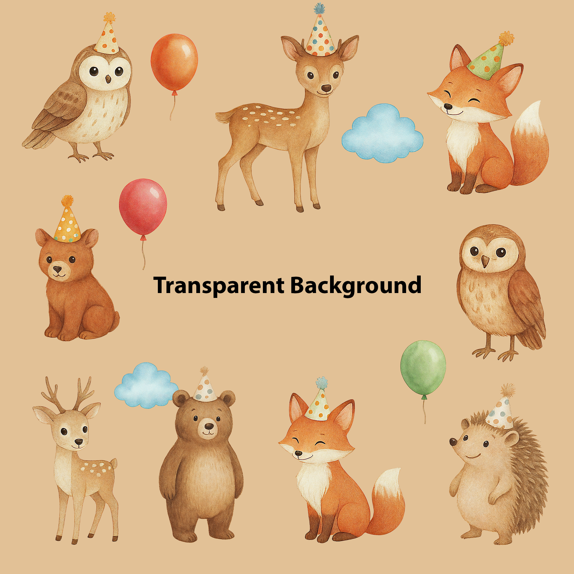 Watercolor Woodland Party Animals Clipart: Boho Nursery Birthday Themed Decor set of 45 PNG (Digital Product)