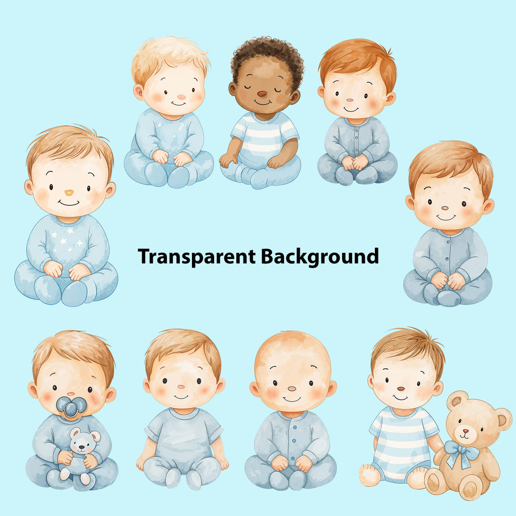 Baby Boy Nursery Clipart PNG Bundle | 33 Watercolor Digital Files