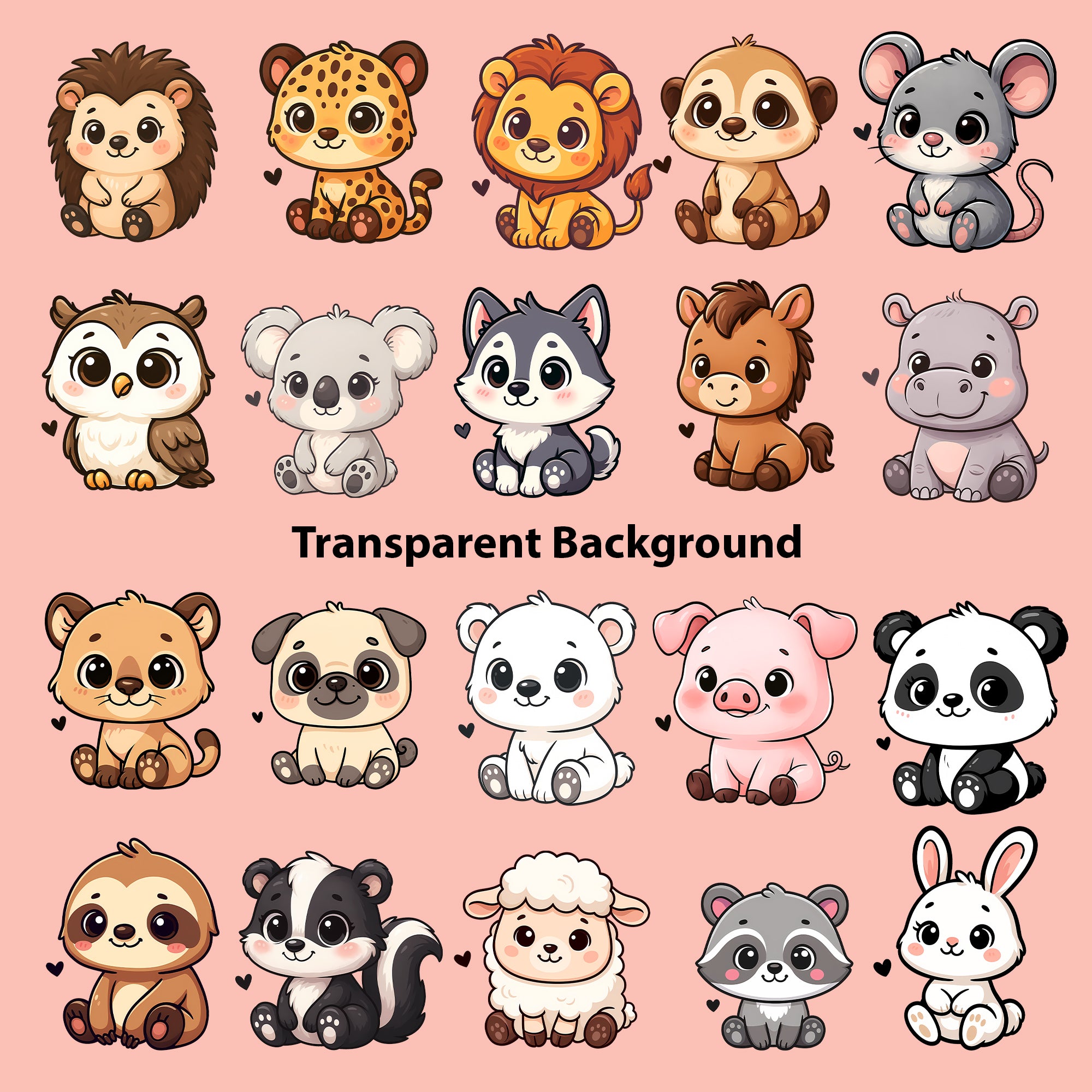 Cute Animals Clipart PNG Bundle | 50 Digital Download Files