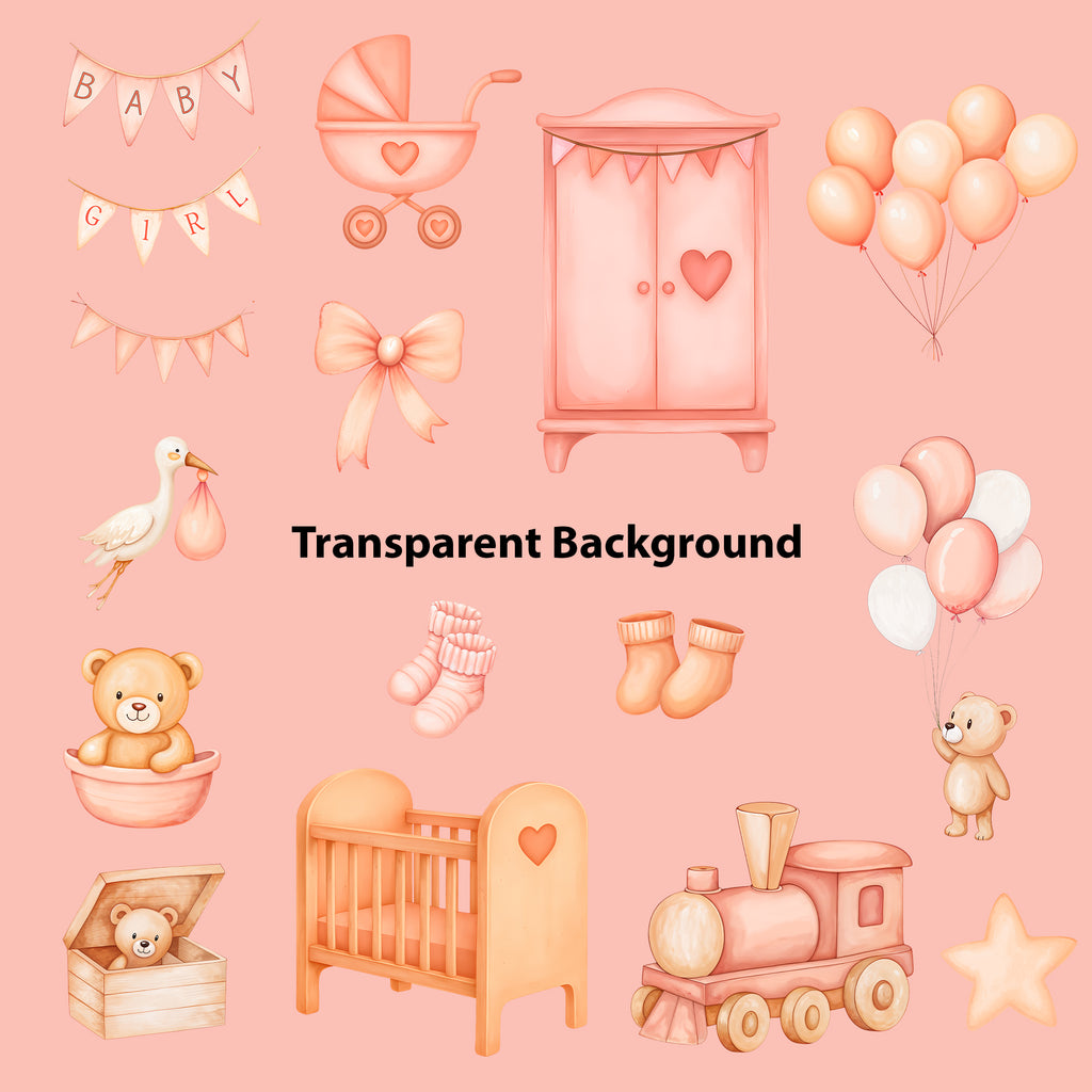 Baby Girl Nursery Clipart PNG Bundle | 34 Watercolor Digital Files