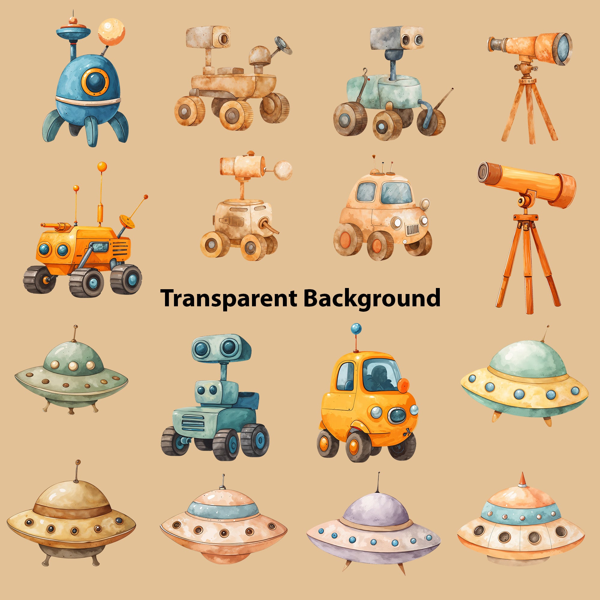 Watercolor Space Clipart: Boho Nursery Space Themed Decor set of 131 PNG (Digital Product)