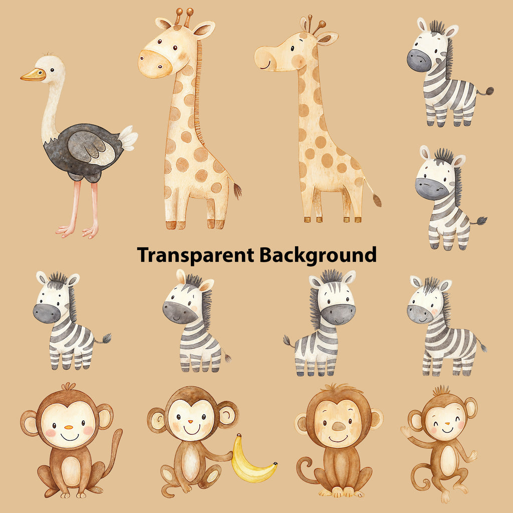 Cute Safari Animals Clipart PNG Bundle, Cute Watercolor Jungle Animals Digital Download, 70 High Resolution Files