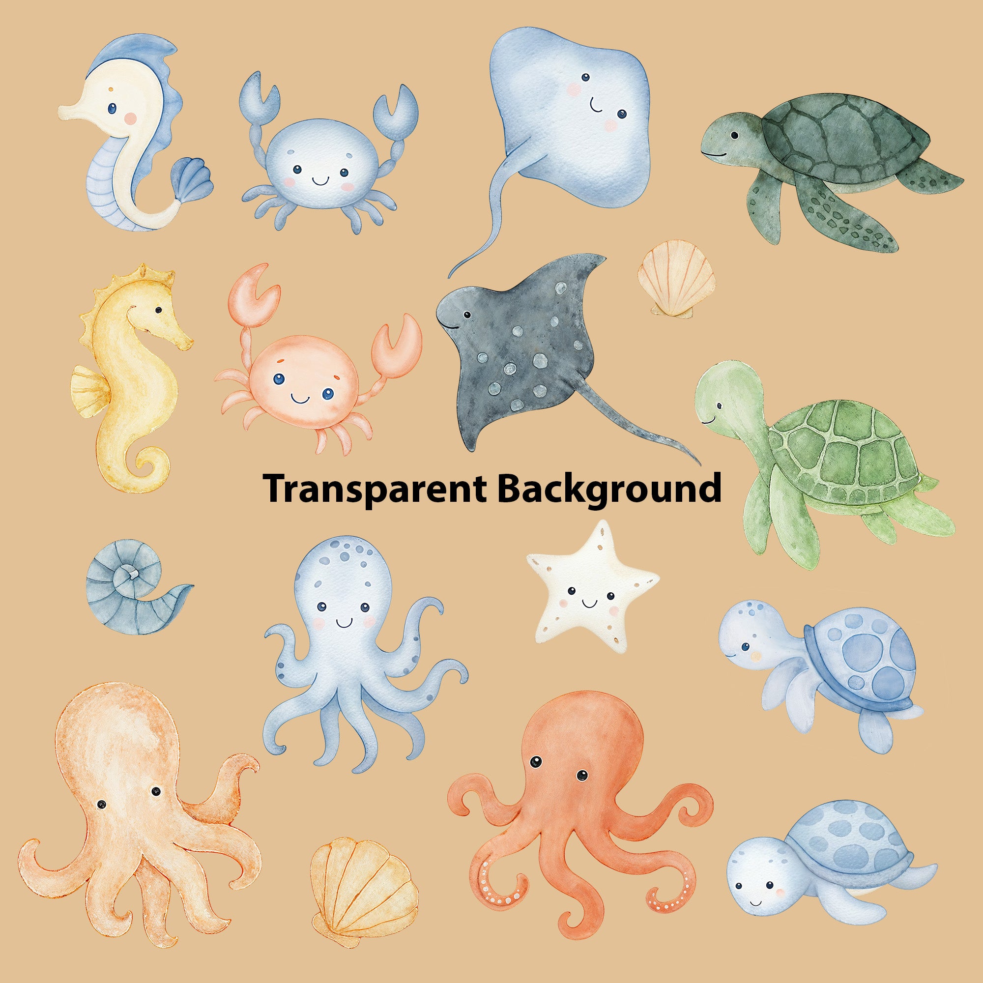 Watercolor Ocean Animals Clipart: Boho Nursery Ocean Themed Decor set of 55 PNG (Digital Product)