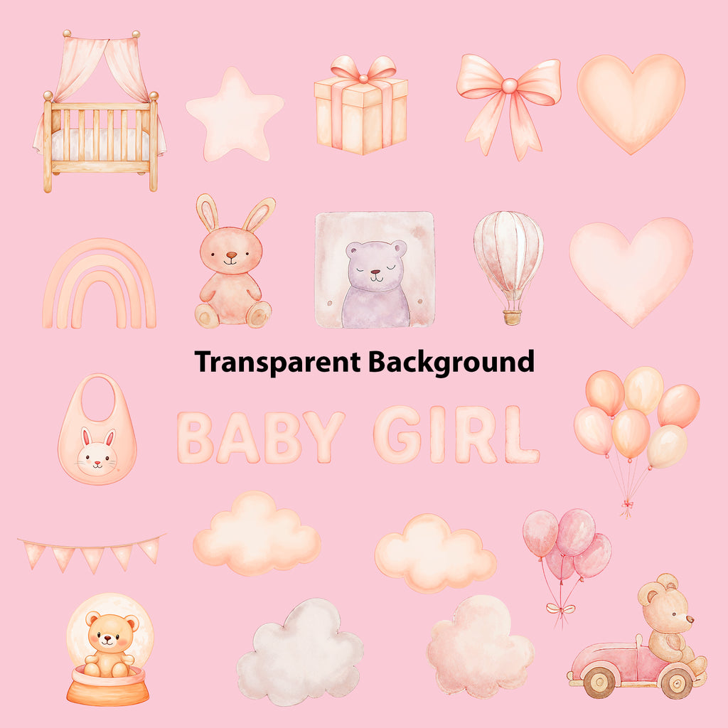 Baby Girl Nursery Clipart PNG Bundle | 51 Watercolor Digital Files