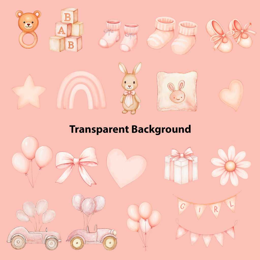 Baby Girl Nursery Clipart PNG Bundle | 51 Watercolor Digital Files