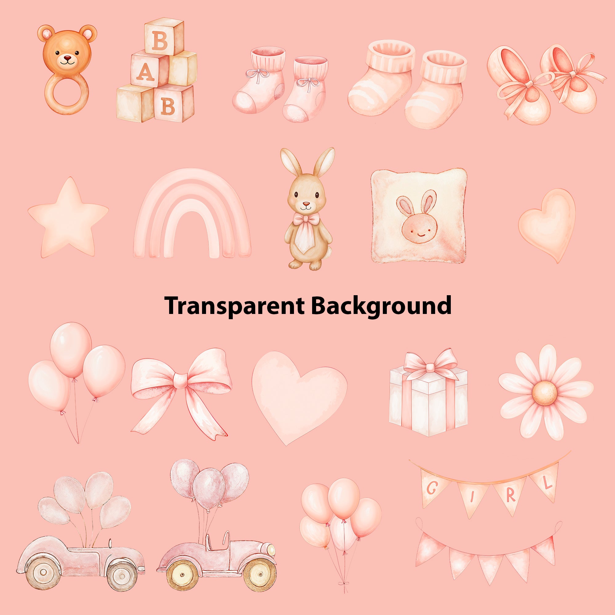 Baby Girl Nursery Clipart PNG Bundle | 51 Watercolor Digital Files