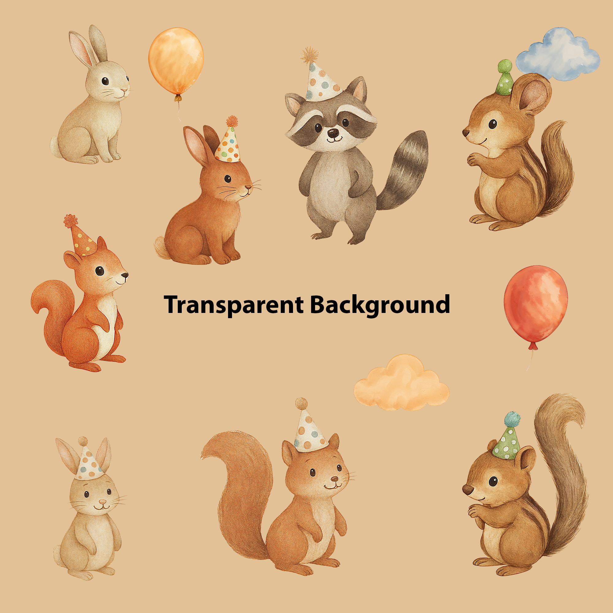 Watercolor Woodland Party Animals Clipart: Boho Nursery Birthday Themed Decor set of 45 PNG (Digital Product)