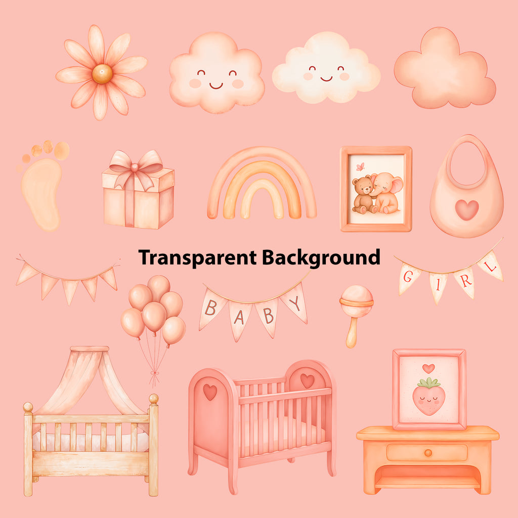 Baby Girl Nursery Clipart PNG Bundle | 33 Watercolor Digital Files