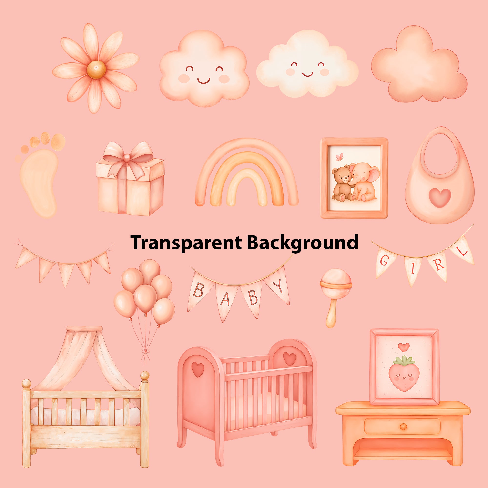 Baby Girl Nursery Clipart PNG Bundle | 33 Watercolor Digital Files