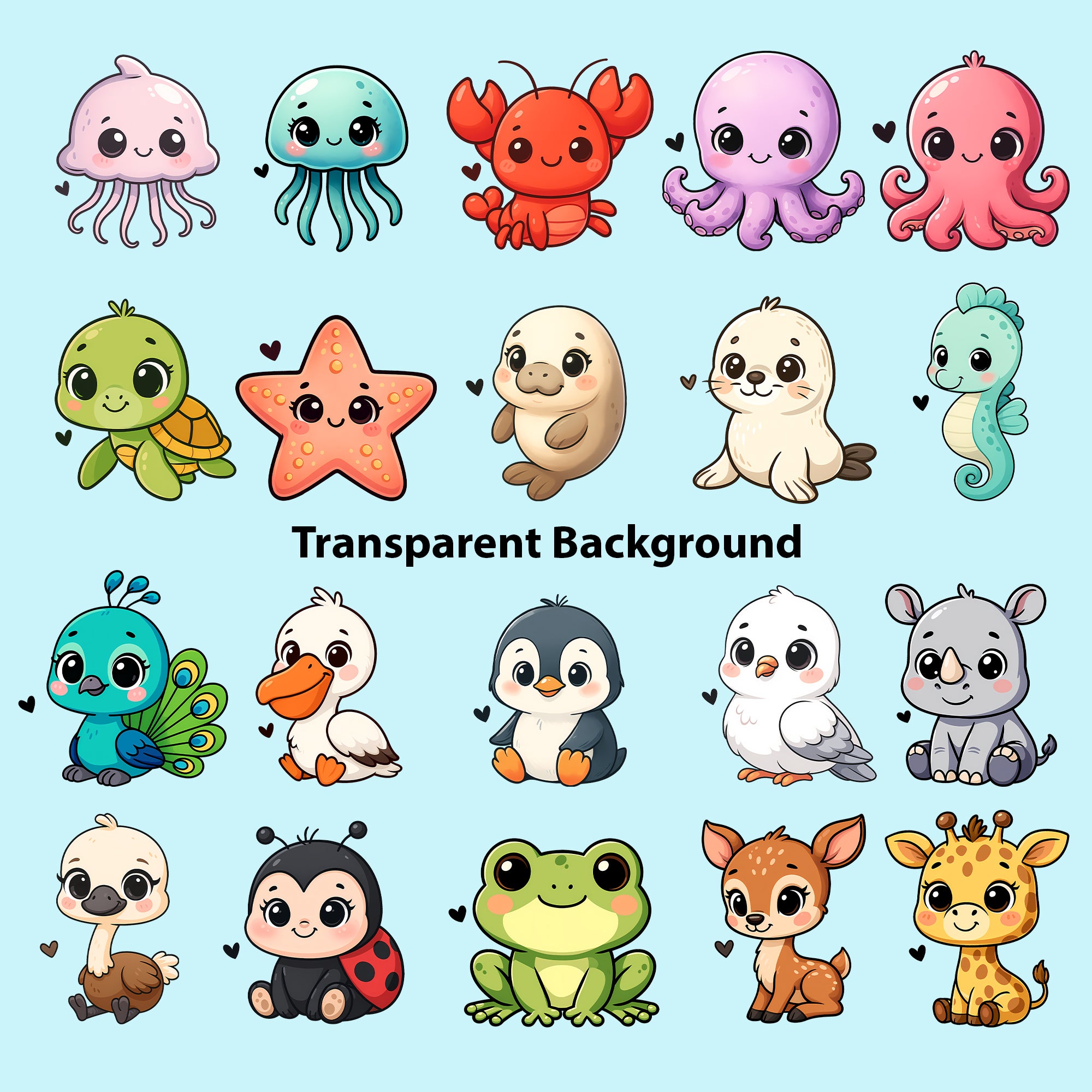 Cute Animals Clipart PNG Bundle | 50 Digital Download Files