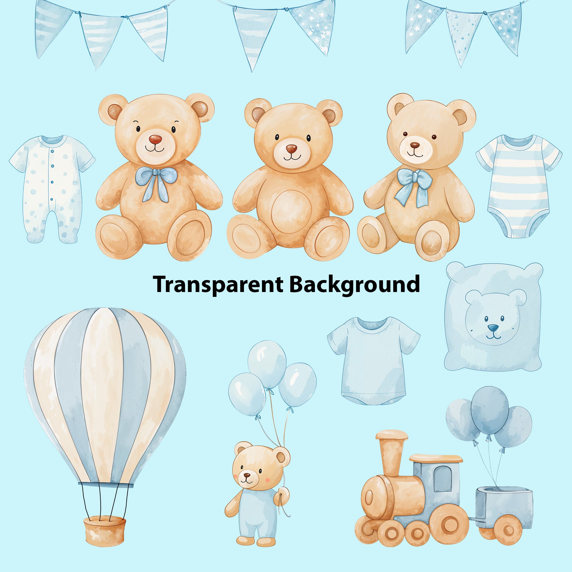 Baby Boy Nursery Clipart PNG Bundle | 33 Watercolor Digital Files