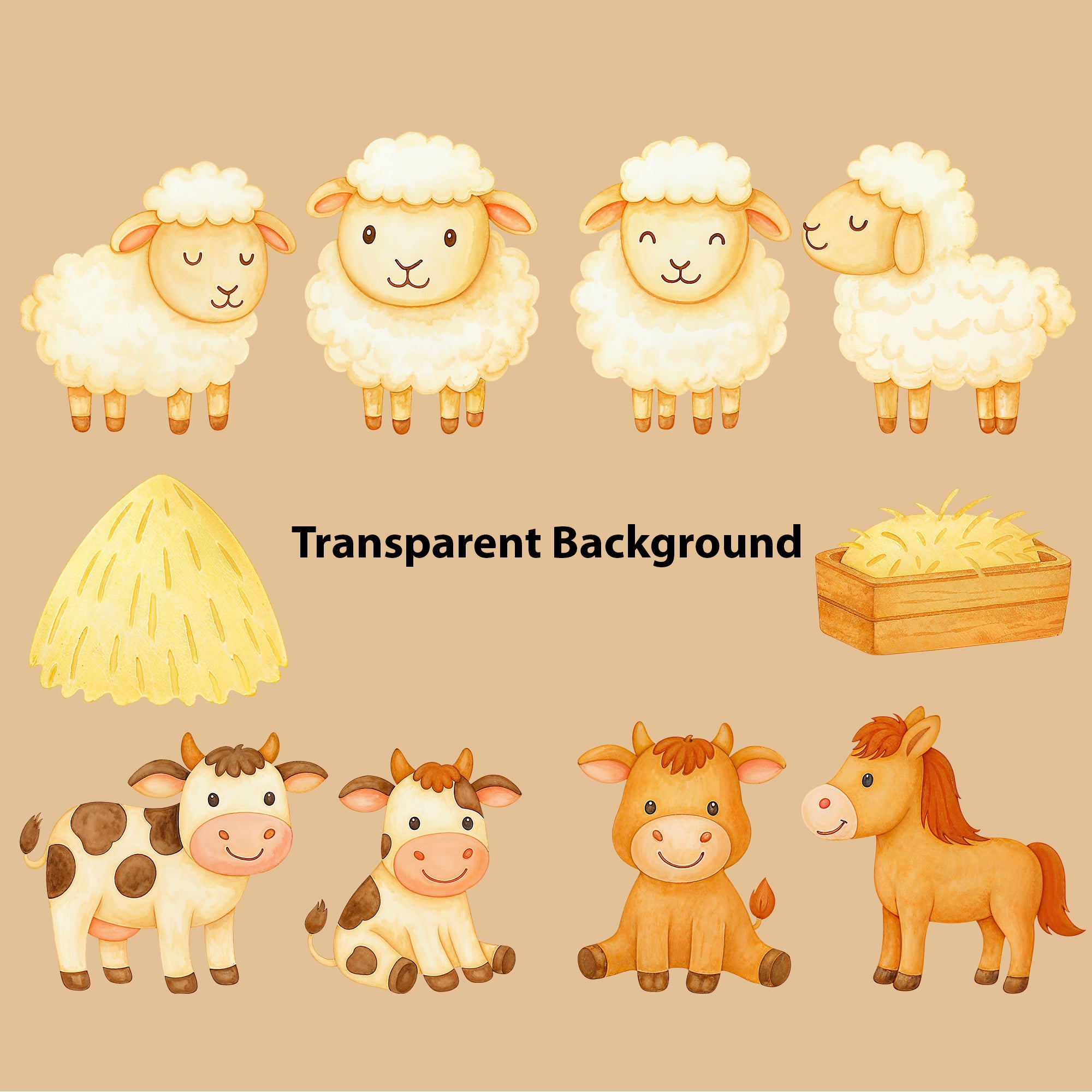 Watercolor Farm Animals Clipart: Boho Nursery Farm Themed Decor set of 52 PNG (Digital Product)