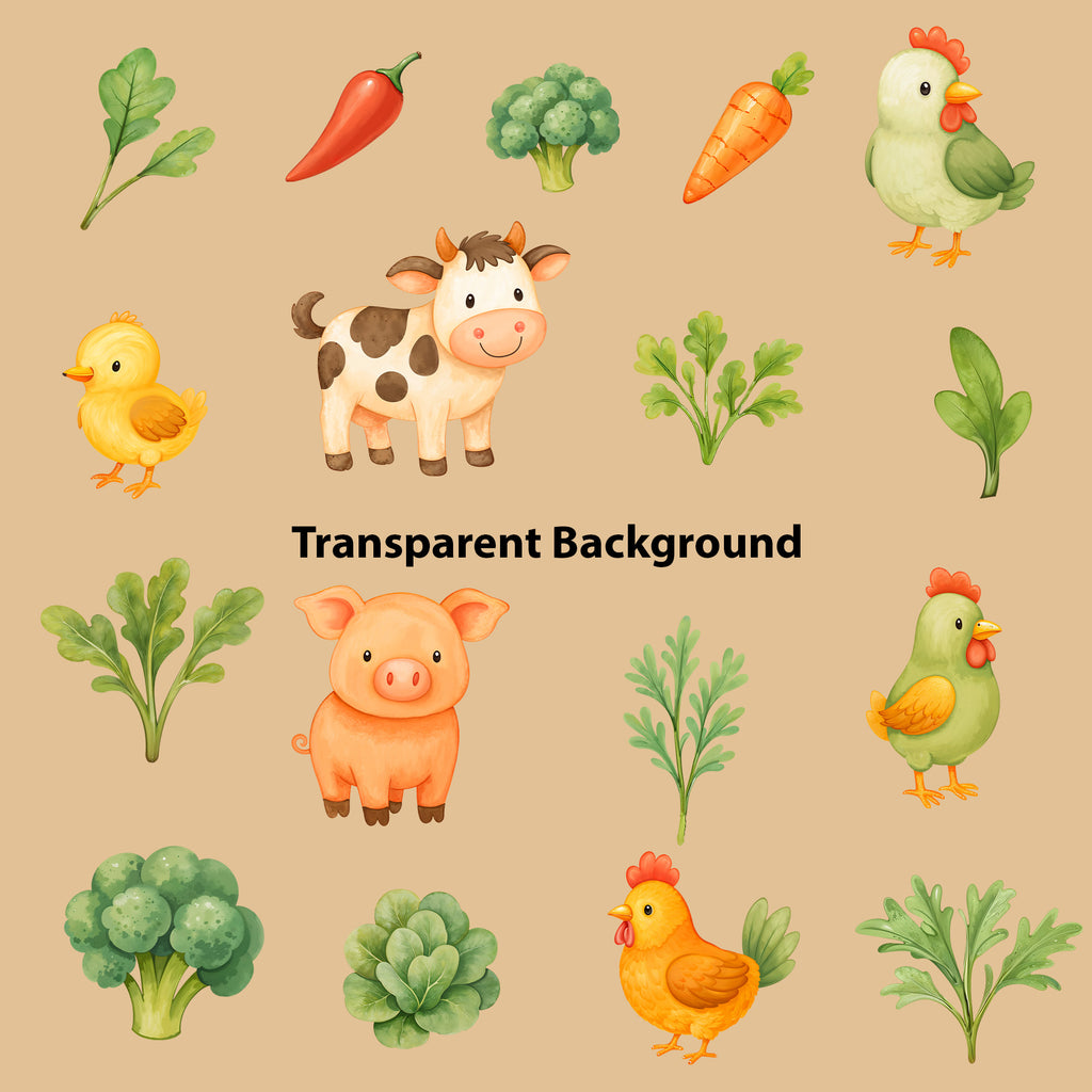 Watercolor Farm Animals Clipart: Boho Nursery Themed Decor set of 33 PNG (Digital Product)