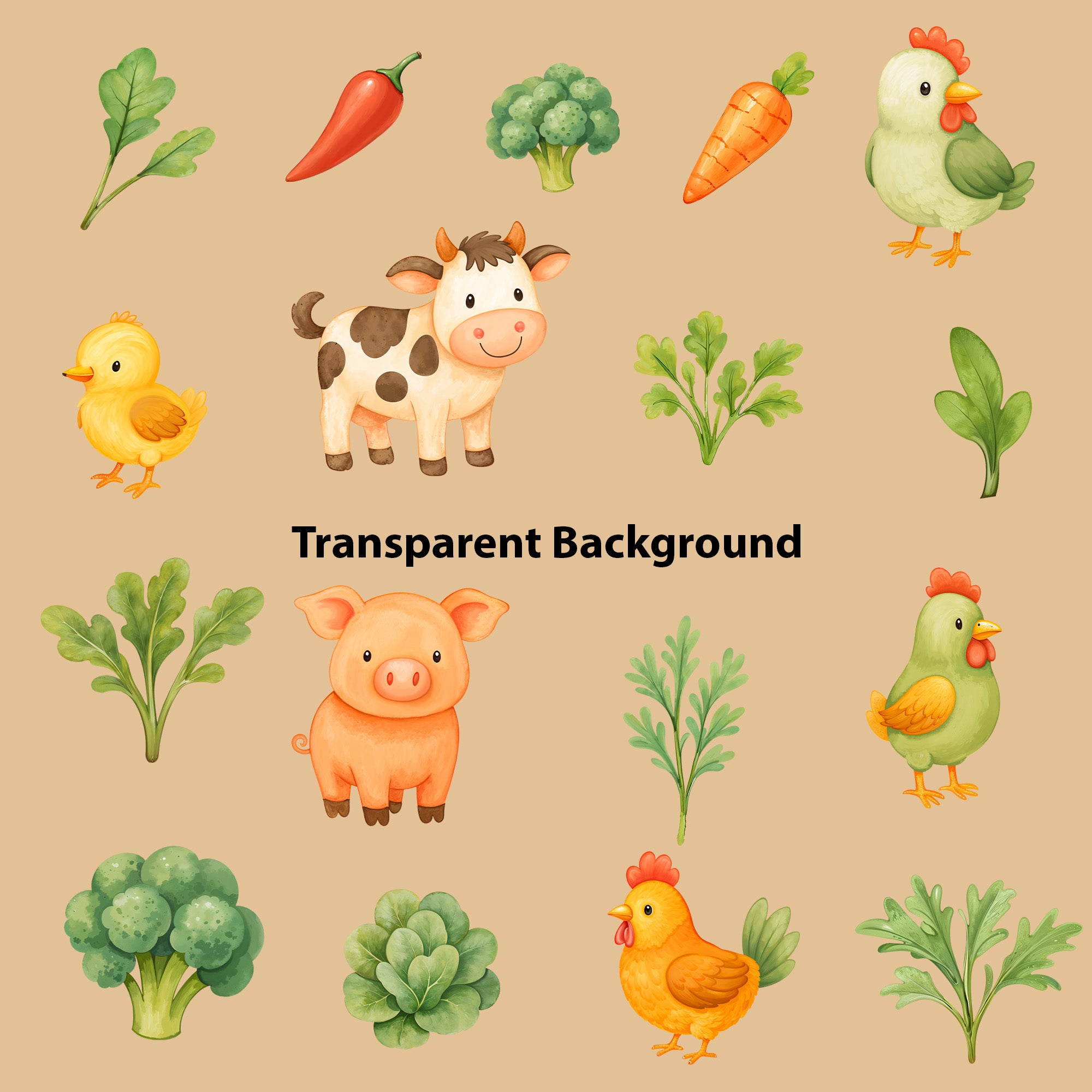 Watercolor Farm Animals Clipart: Boho Nursery Themed Decor set of 33 PNG (Digital Product)