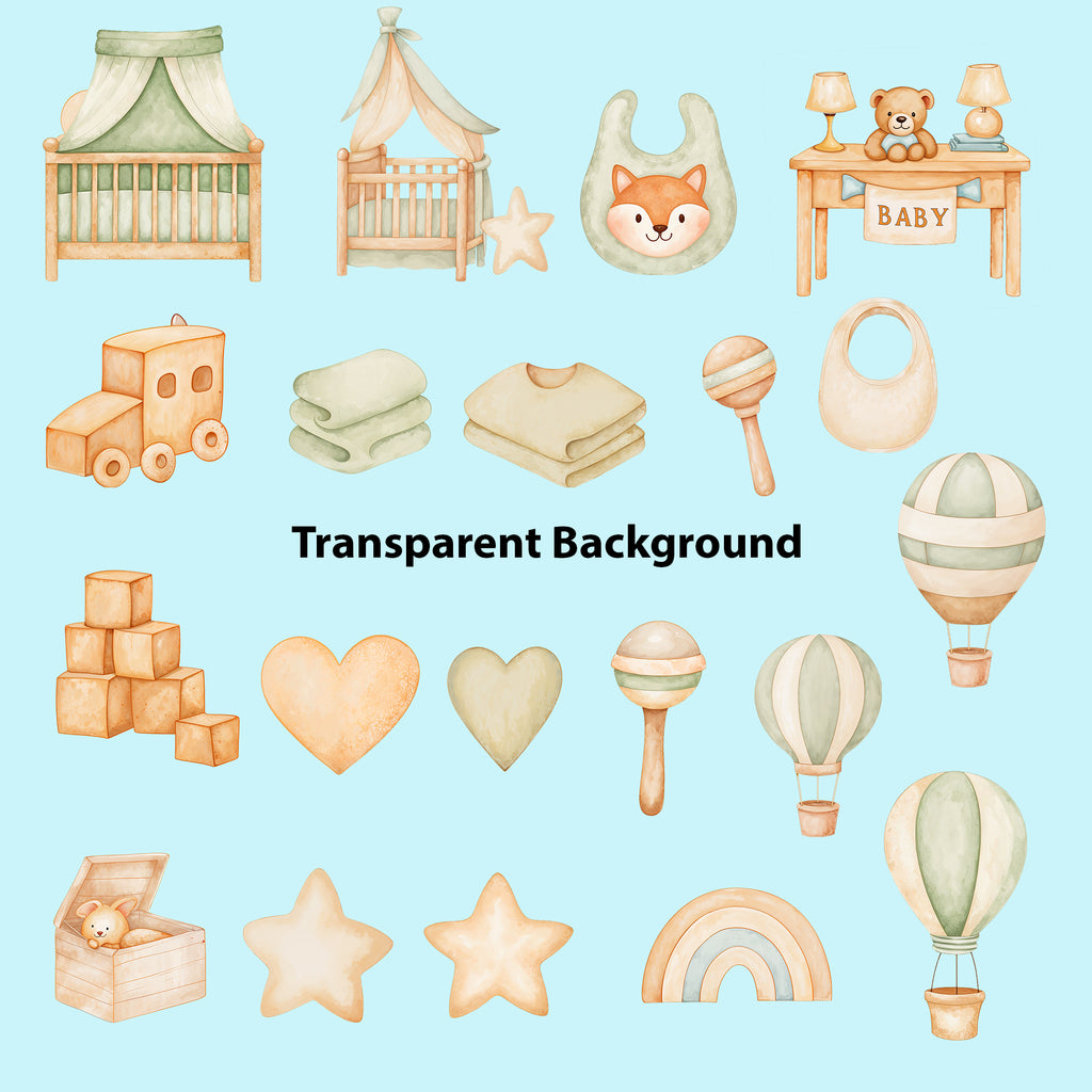 Baby Boy Nursery Clipart PNG Bundle | 65 Watercolor Digital Files