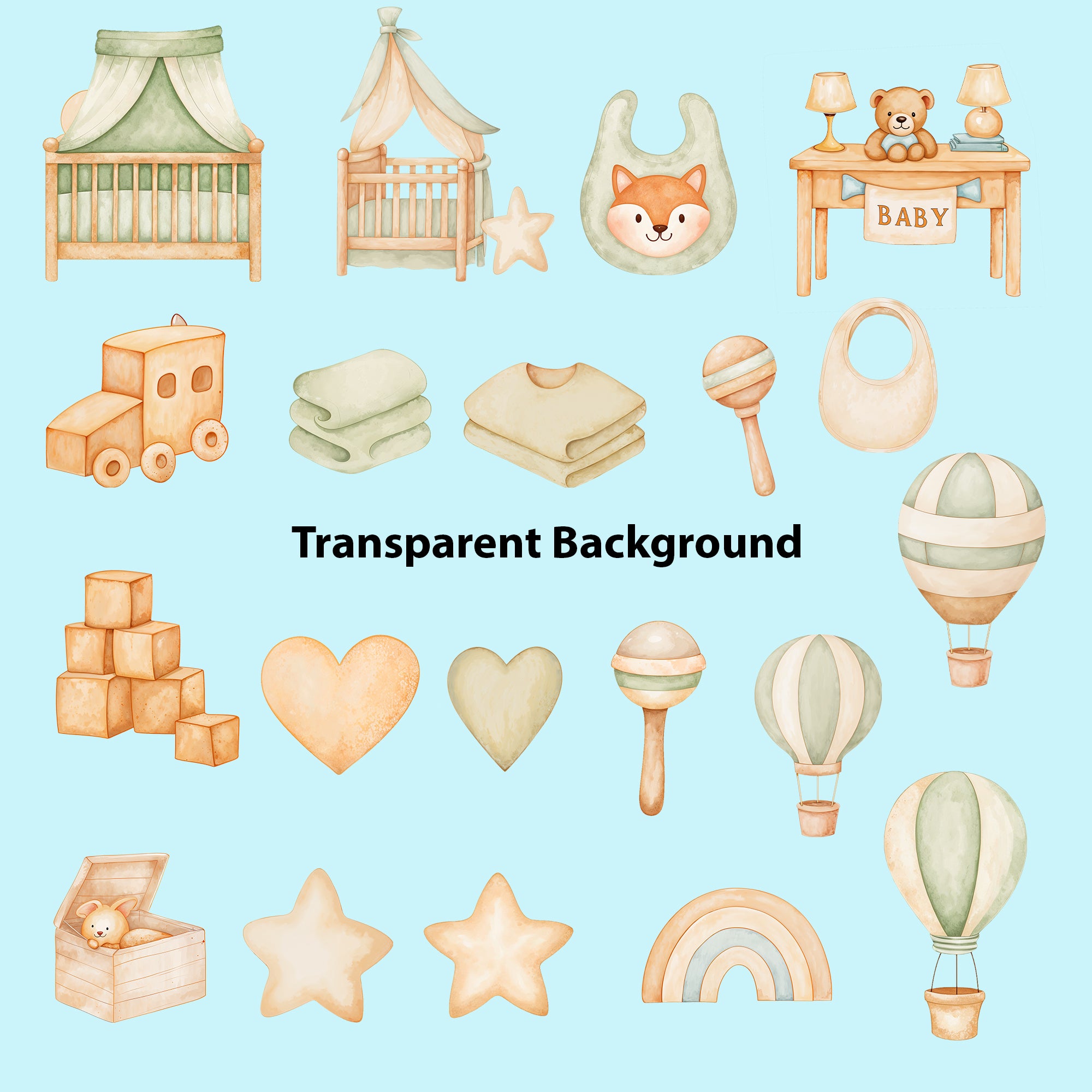 Baby Boy Nursery Clipart PNG Bundle | 65 Watercolor Digital Files