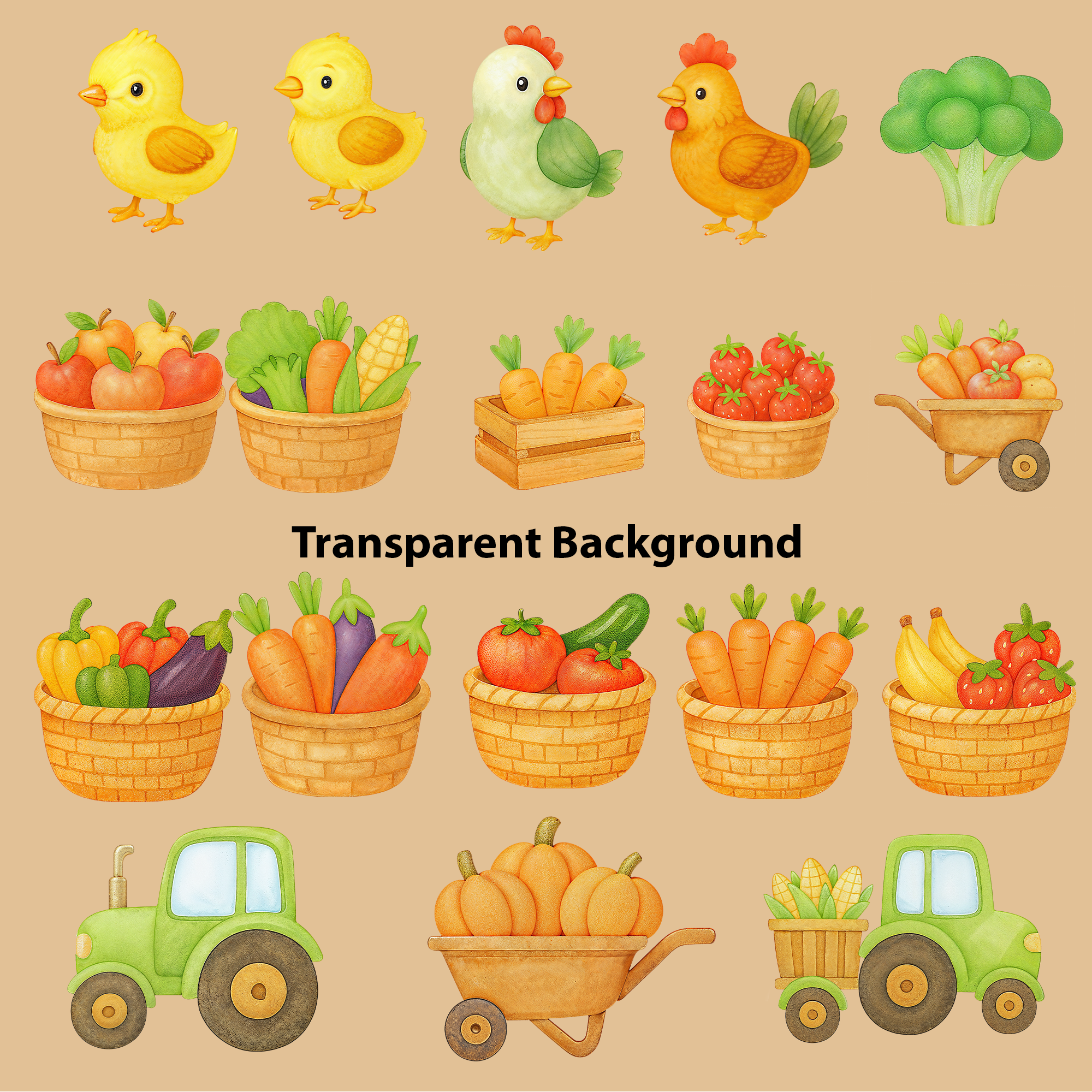 Watercolor Farm Animals Clipart: Boho Nursery Farm Themed Decor set of 52 PNG (Digital Product)