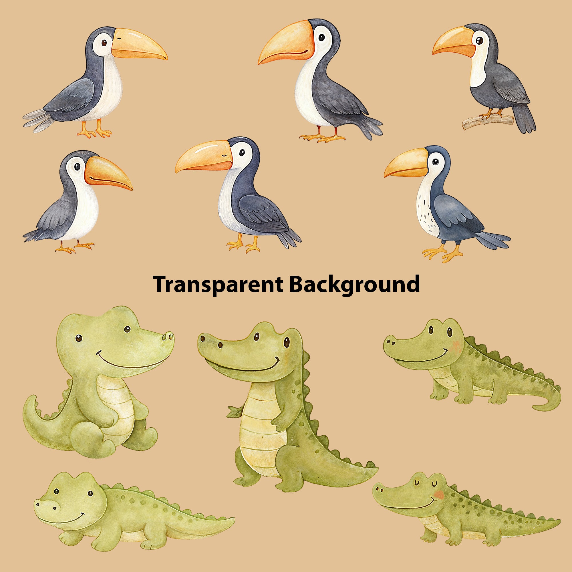 Cute Safari Animals Clipart PNG Bundle, Cute Watercolor Jungle Animals Digital Download, 70 High Resolution Files