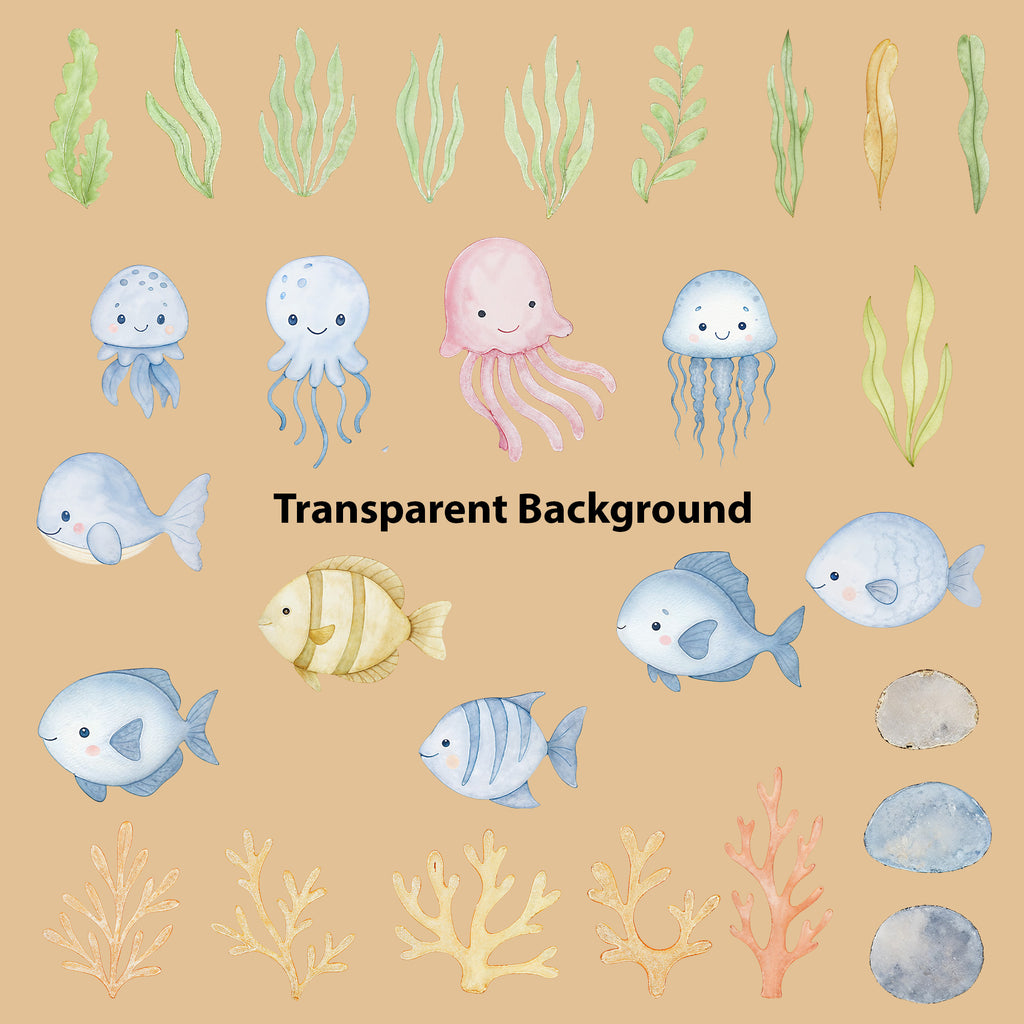 Watercolor Ocean Animals Clipart: Boho Nursery Ocean Themed Decor set of 55 PNG (Digital Product)