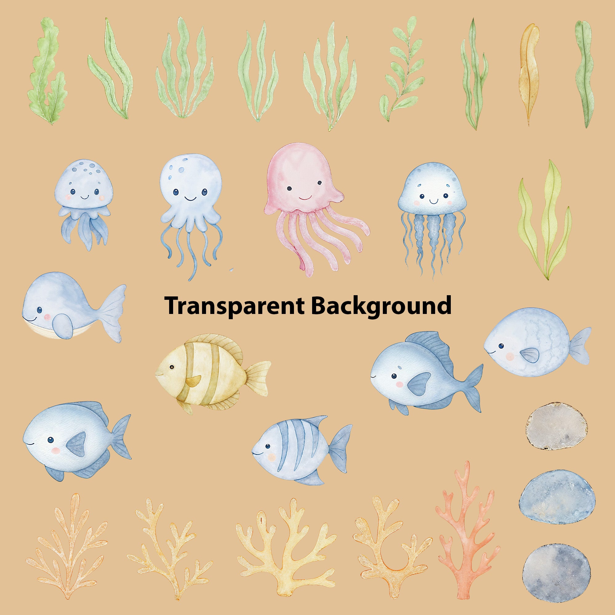 Watercolor Ocean Animals Clipart: Boho Nursery Ocean Themed Decor set of 55 PNG (Digital Product)