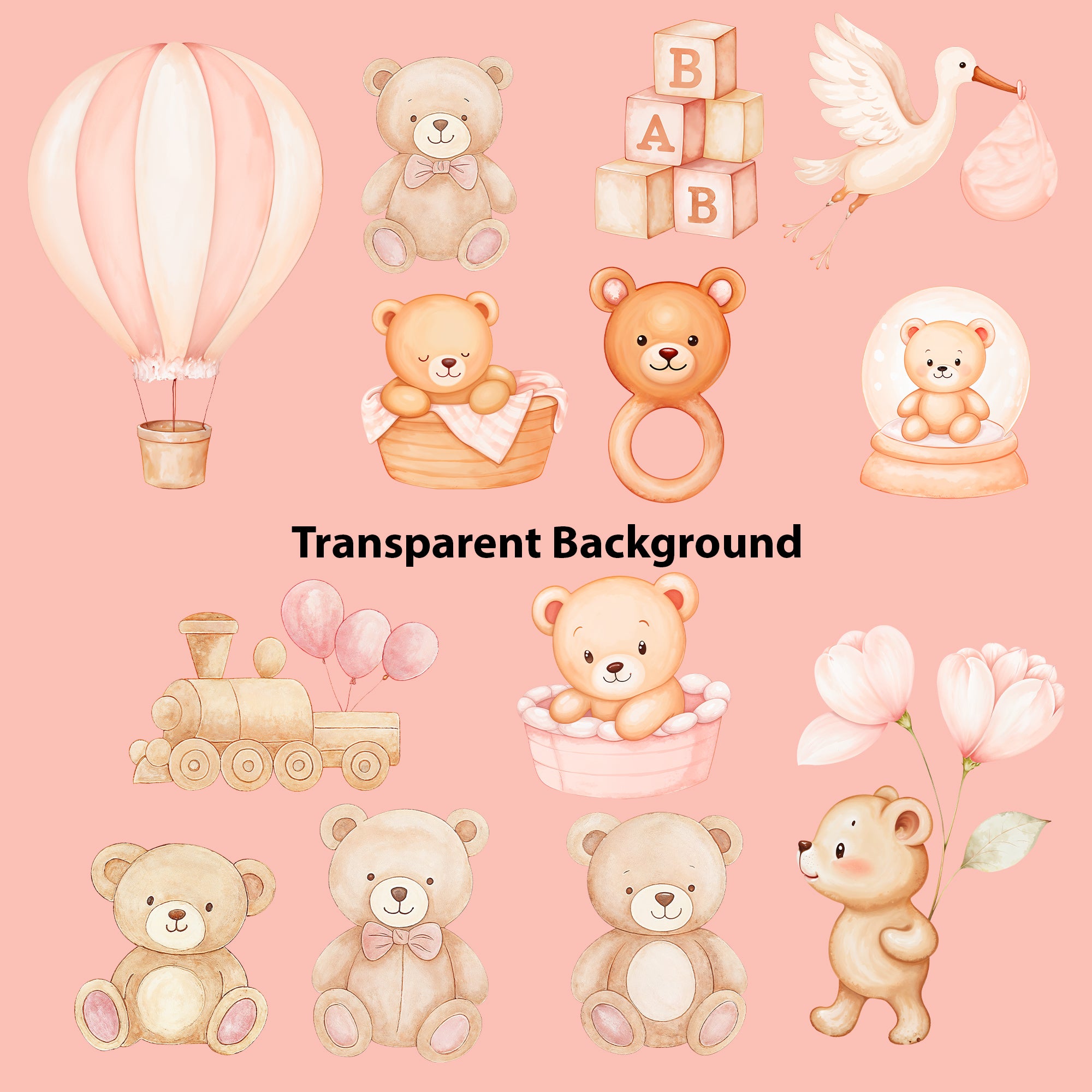 Baby Girl Nursery Clipart PNG Bundle | 51 Watercolor Digital Files
