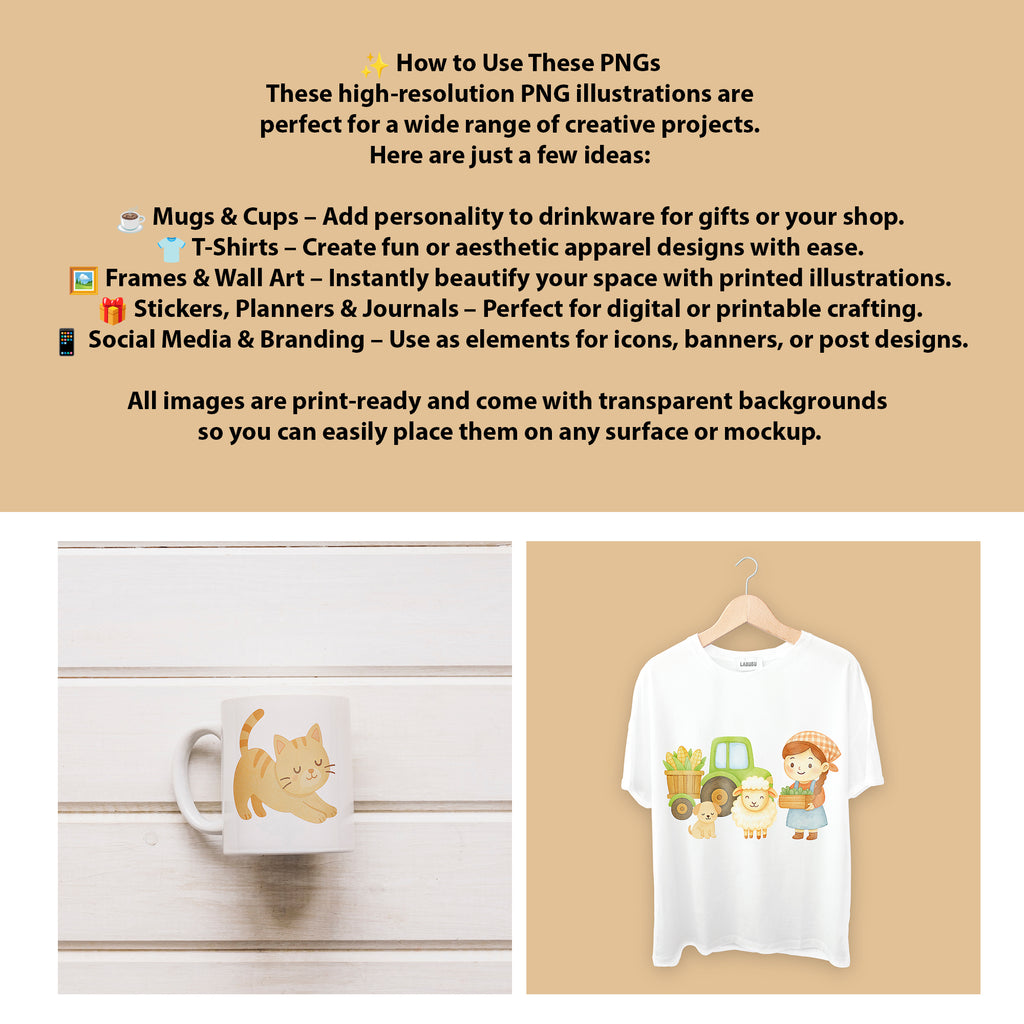 Watercolor Farm Animals Clipart: Boho Nursery Farm Themed Decor set of 52 PNG (Digital Product)