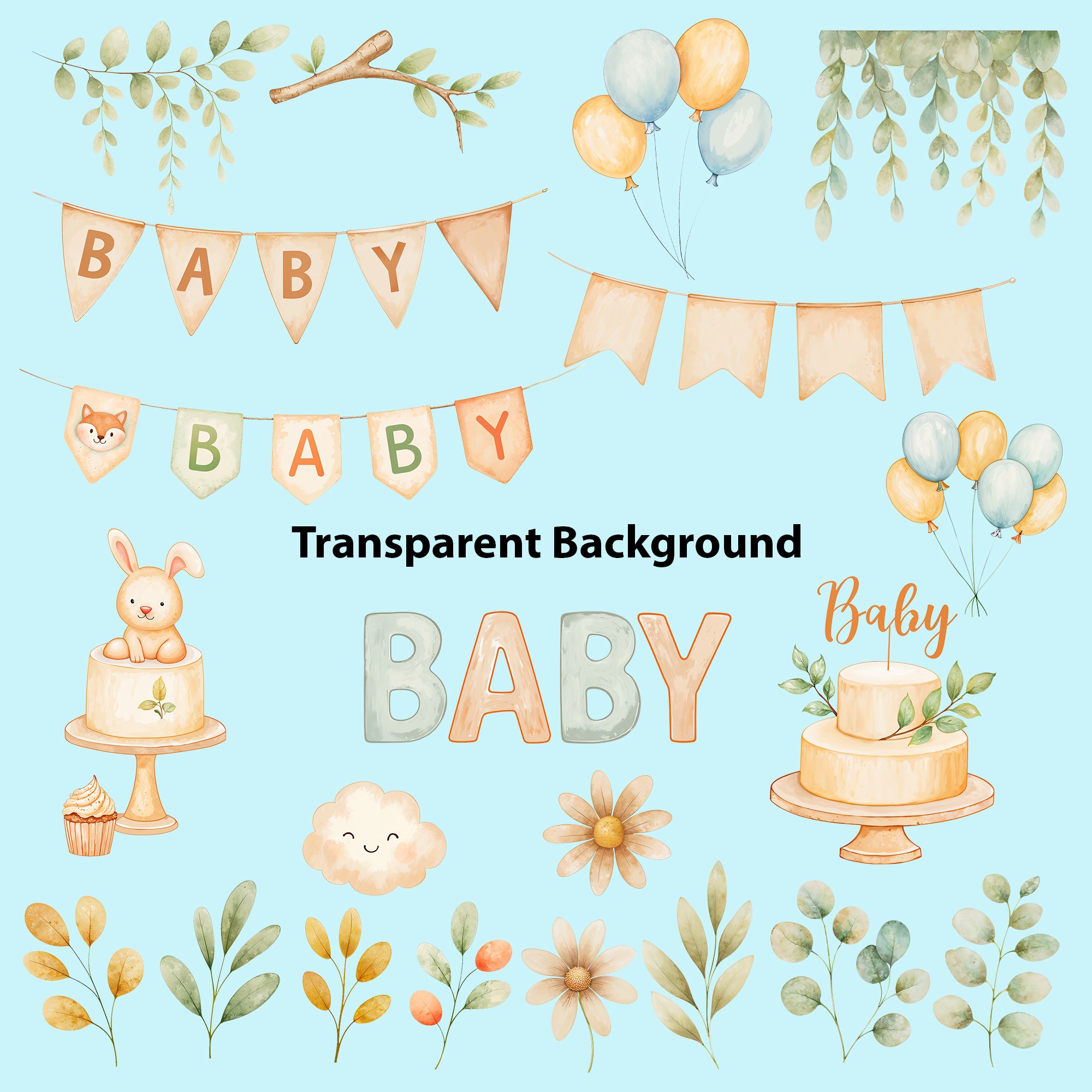 Baby Boy Nursery Clipart PNG Bundle | 65 Watercolor Digital Files
