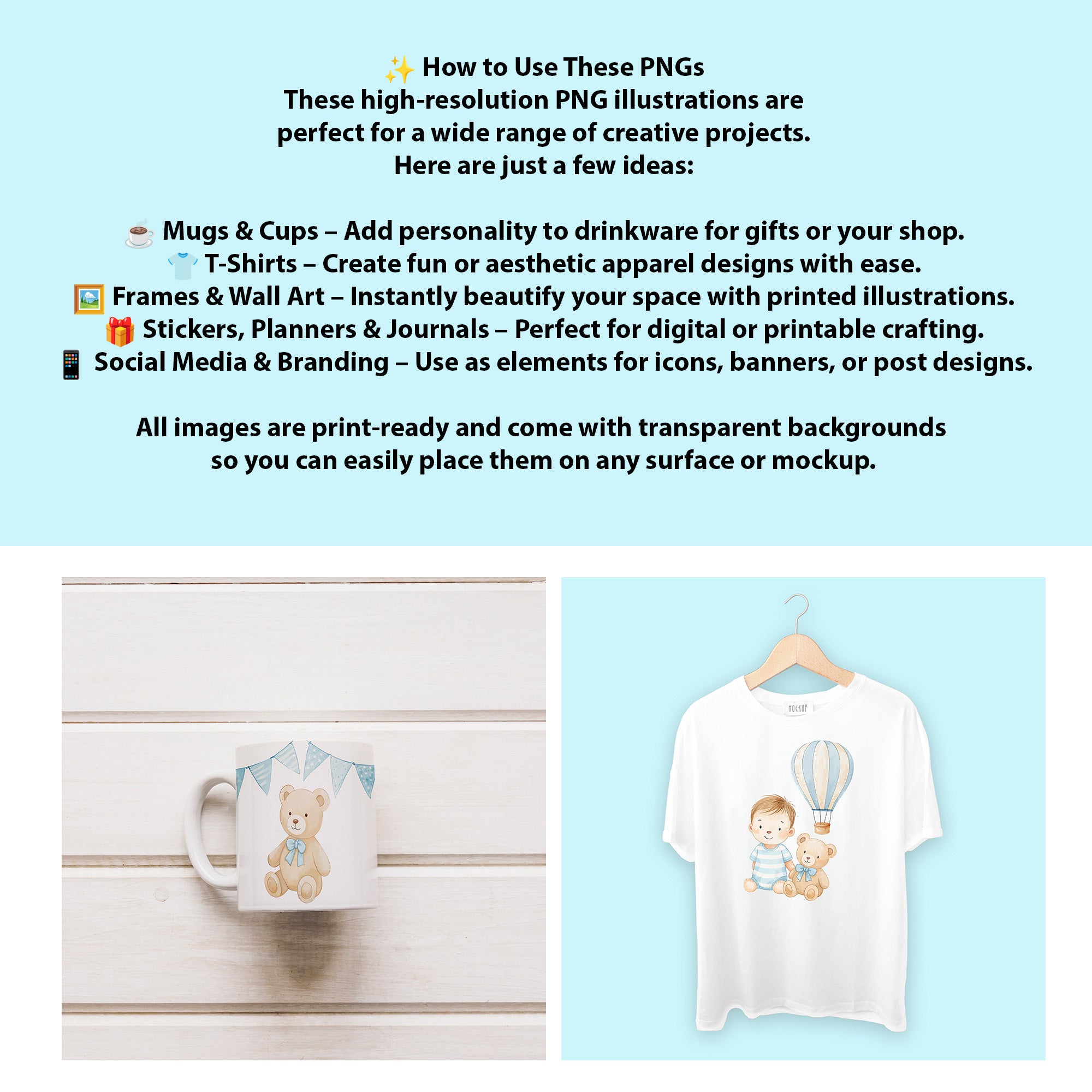 Baby Boy Nursery Clipart PNG Bundle | 33 Watercolor Digital Files