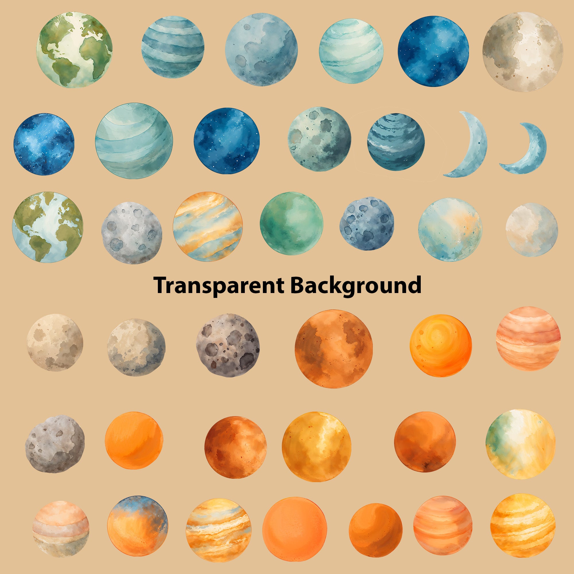 Watercolor Space Clipart: Boho Nursery Space Themed Decor set of 131 PNG (Digital Product)