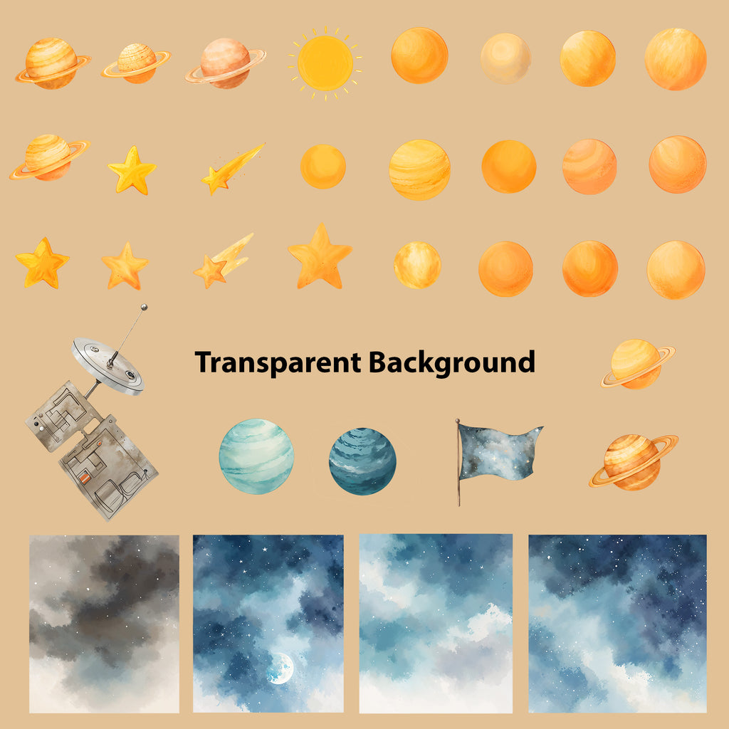 Watercolor Space Clipart: Boho Nursery Space Themed Decor set of 131 PNG (Digital Product)