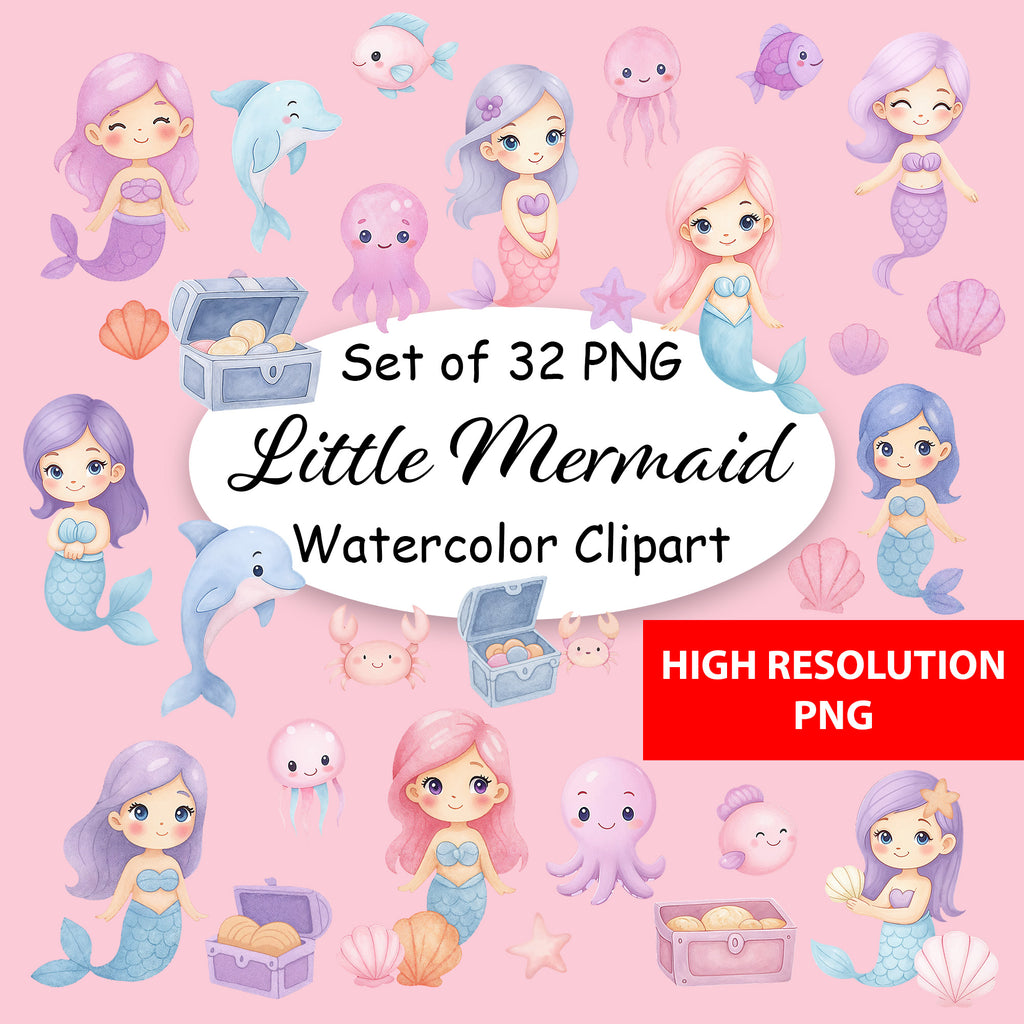 Little Mermaid Watercolor Clipart Bundle – 32 High Resolution PNG Digital Download
