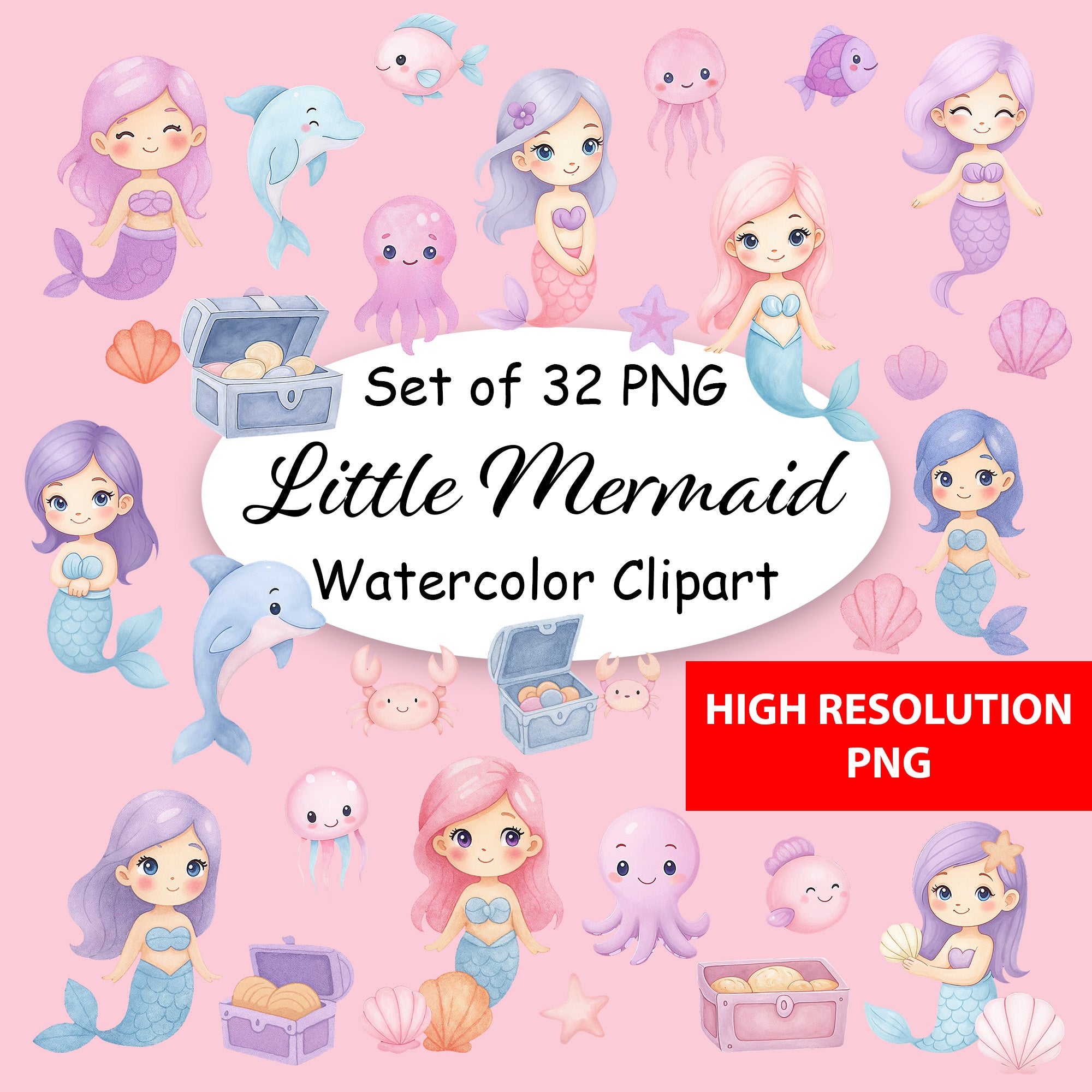 Little Mermaid Watercolor Clipart Bundle – 32 High Resolution PNG Digital Download