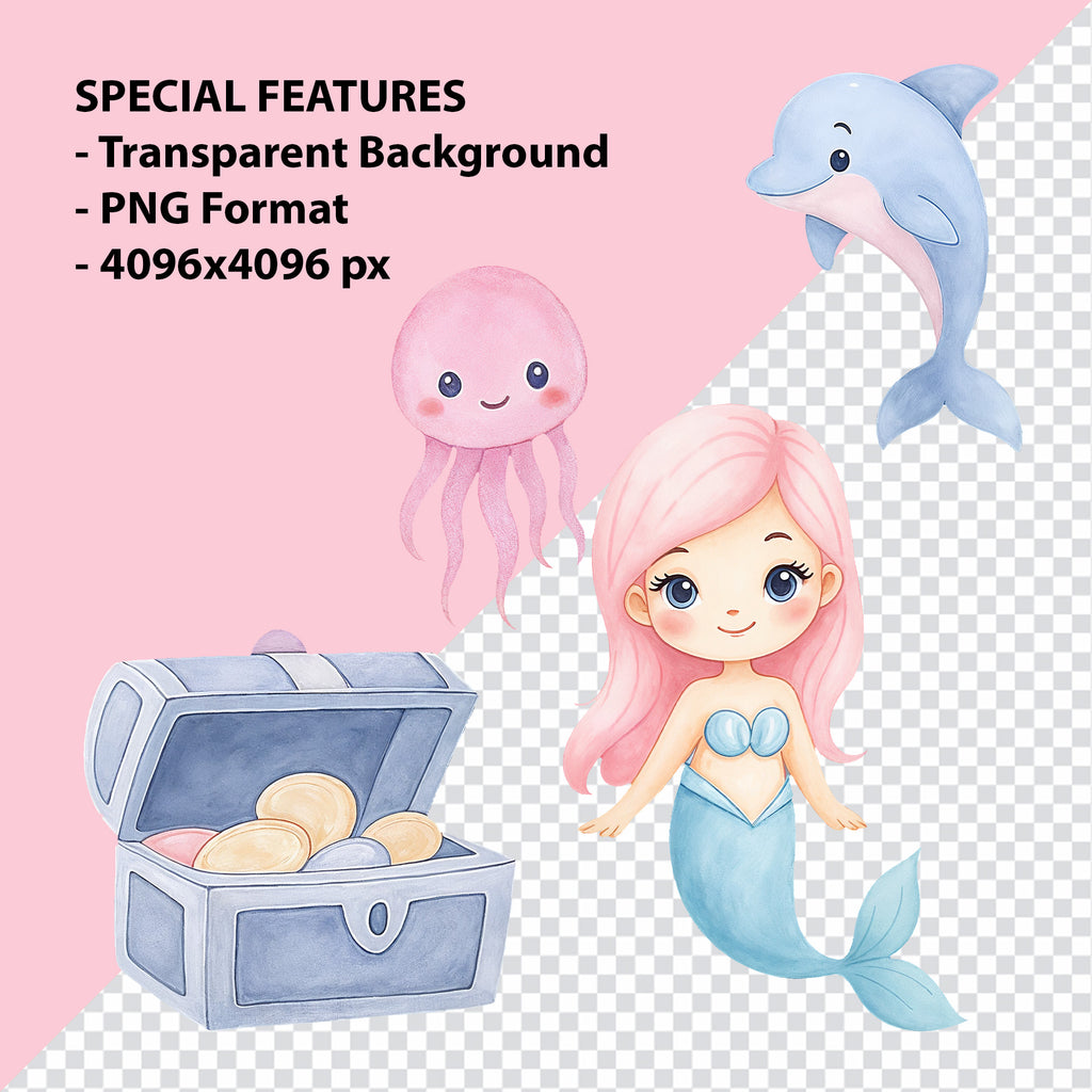 Little Mermaid Watercolor Clipart Bundle – 32 High Resolution PNG Digital Download