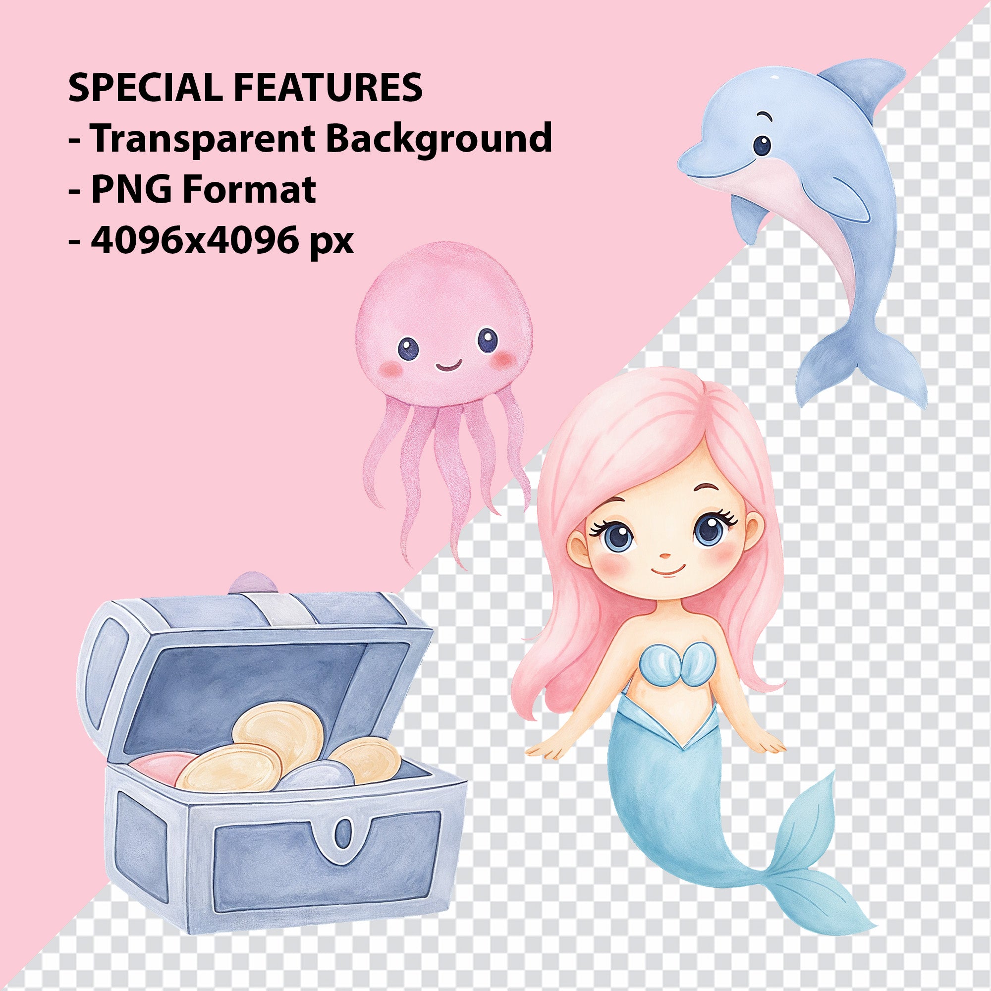 Little Mermaid Watercolor Clipart Bundle – 32 High Resolution PNG Digital Download