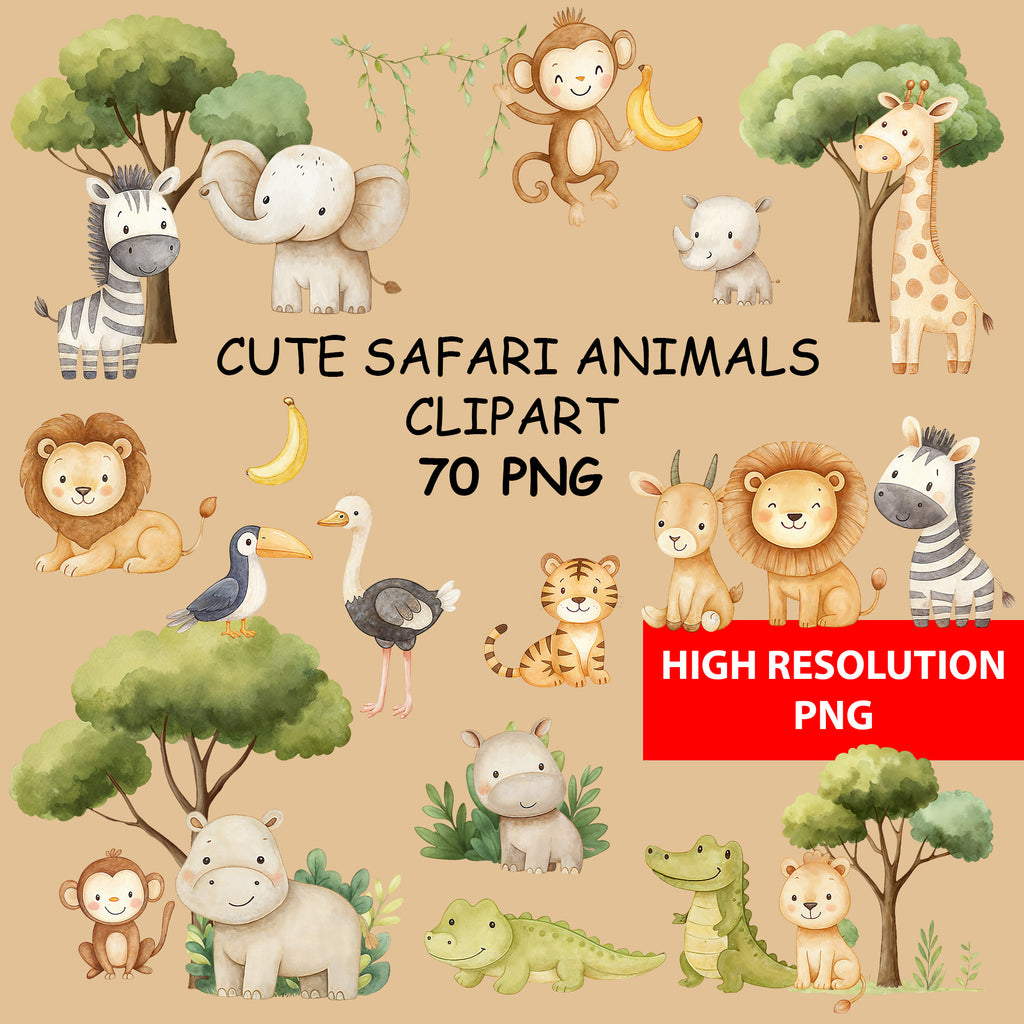 Cute Safari Animals Clipart PNG Bundle, Cute Watercolor Jungle Animals Digital Download, 70 High Resolution Files