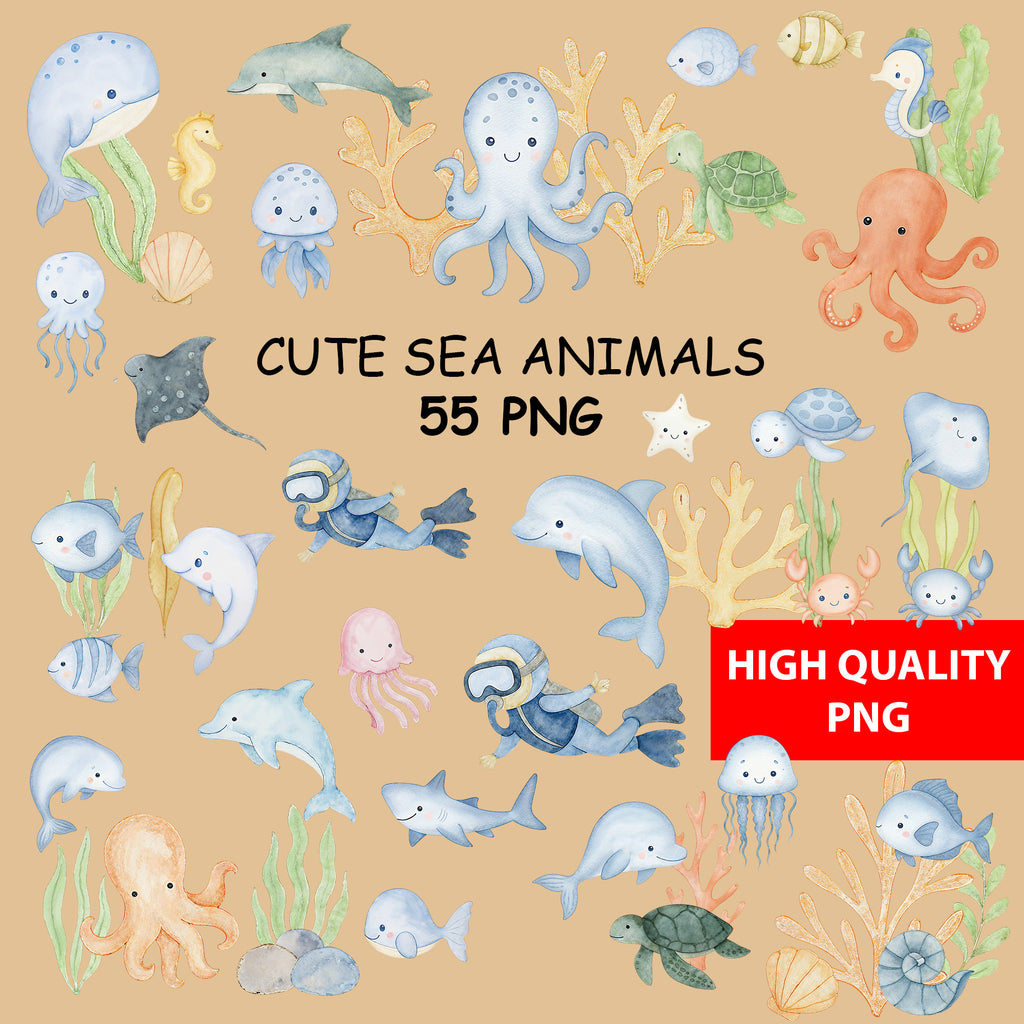 Watercolor Ocean Animals Clipart: Boho Nursery Ocean Themed Decor set of 55 PNG (Digital Product)