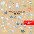 Watercolor Ocean Animals Clipart: Boho Nursery Ocean Themed Decor set of 55 PNG (Digital Product)