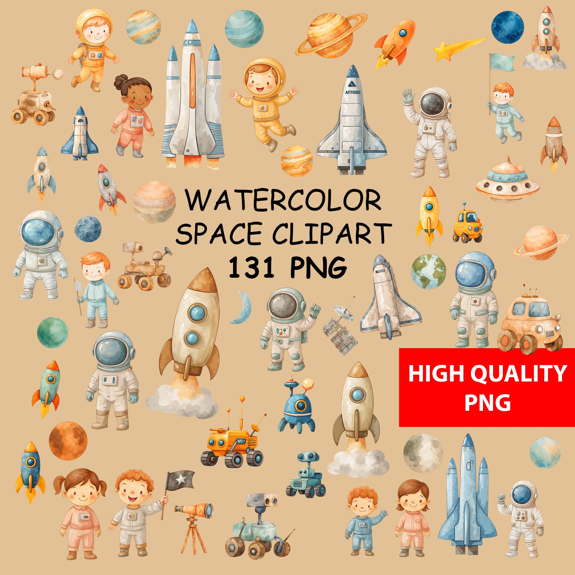Watercolor Space Clipart: Boho Nursery Space Themed Decor set of 131 PNG (Digital Product)